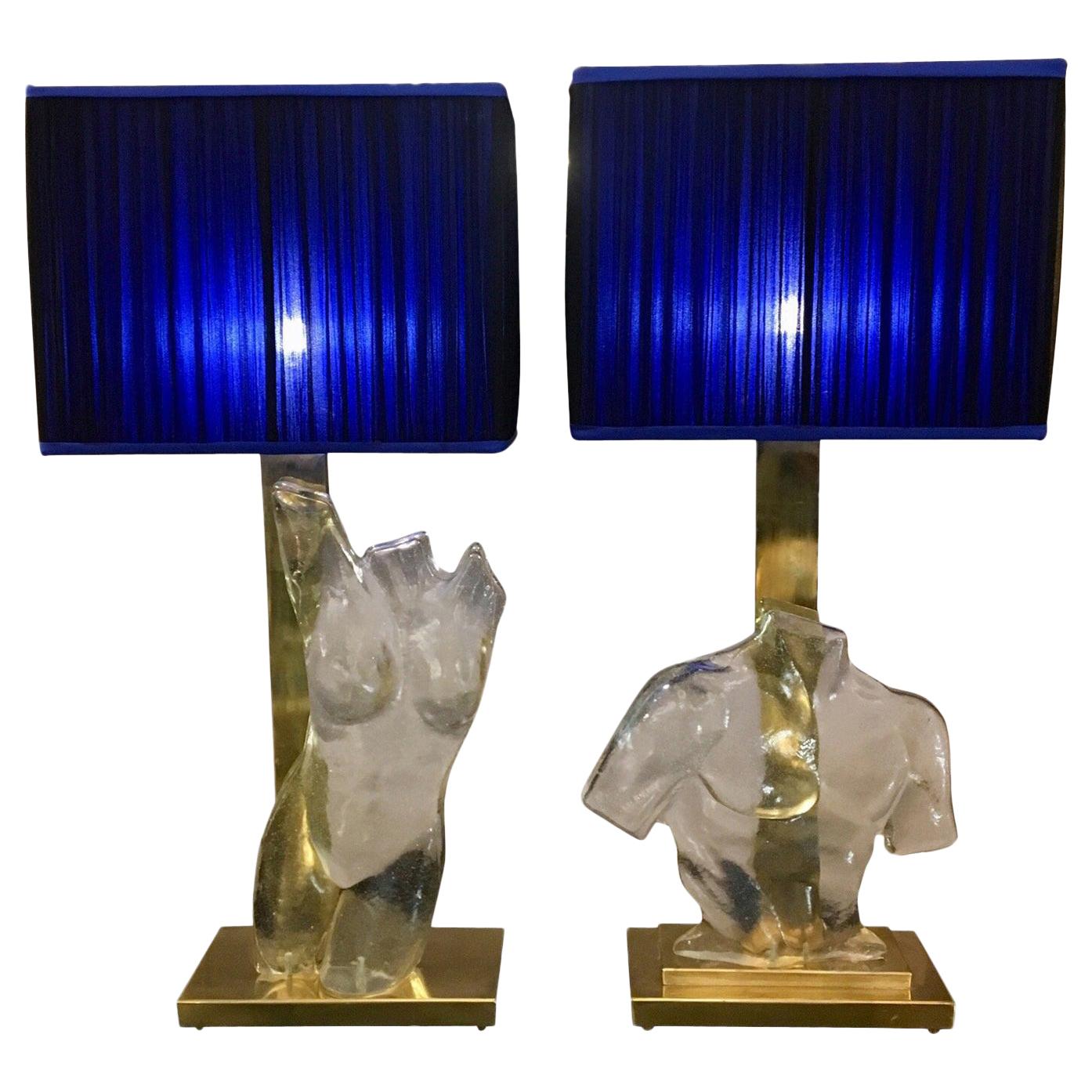 Pair of Murano Glass and Brass Table Lamps with Silk Chiffon Lampshades, 1980s