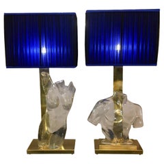 Pair of Murano Glass and Brass Table Lamps with Silk Chiffon Lampshades, 1980s