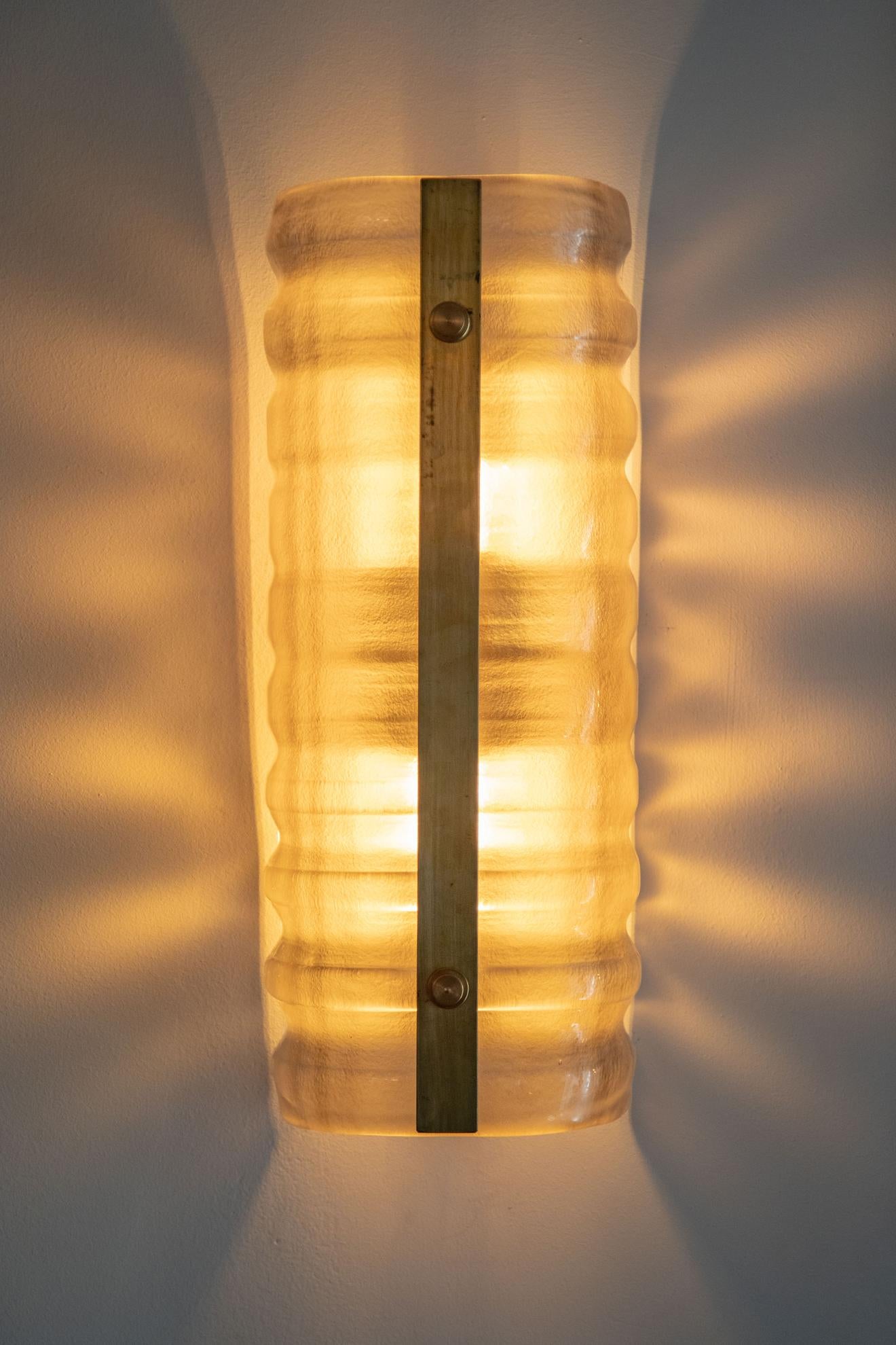 Italian Pair of Murano Glass and Brass Wall Lights, in Stock For Sale
