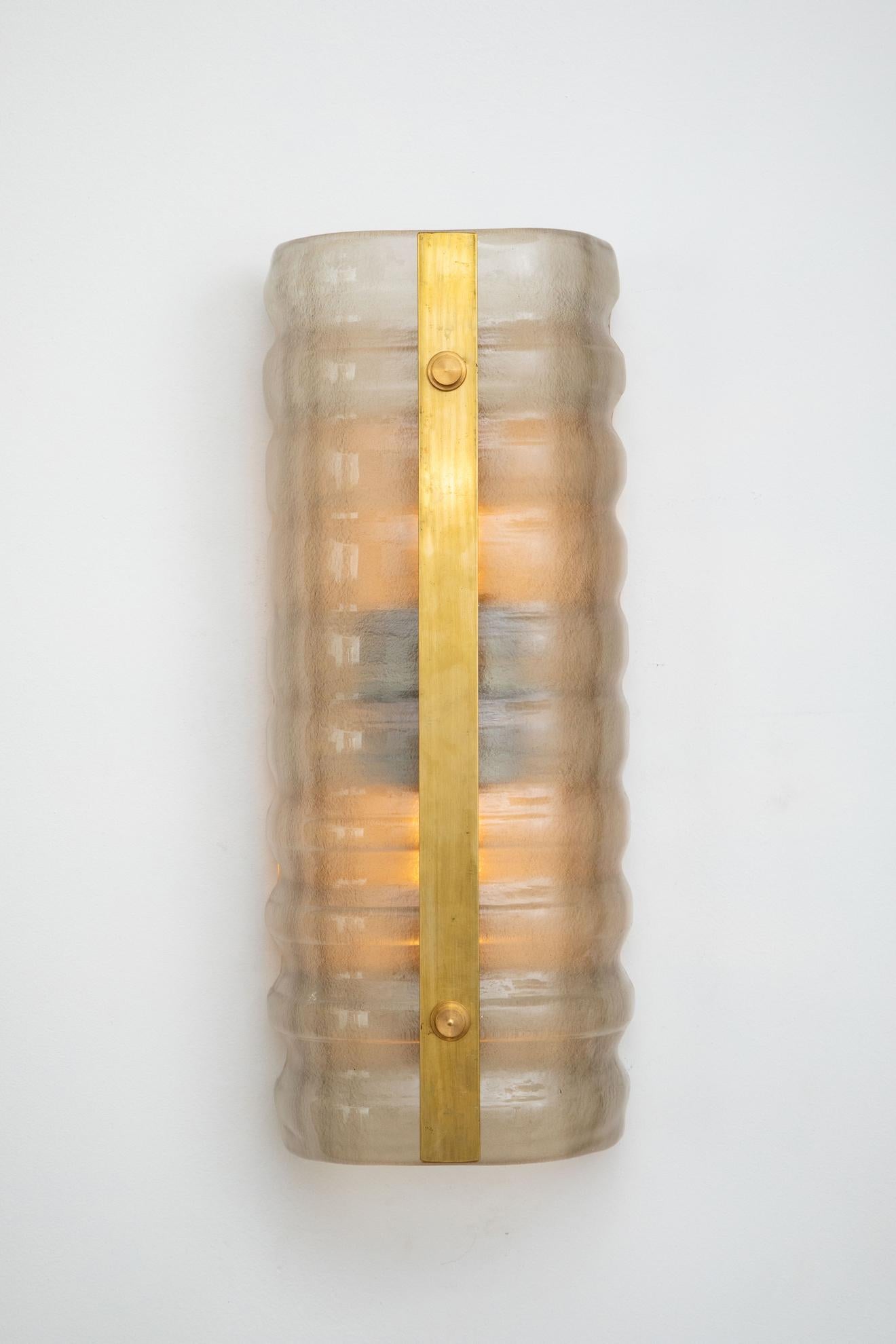 Contemporary Pair of Murano Glass and Brass Wall Lights, in Stock For Sale