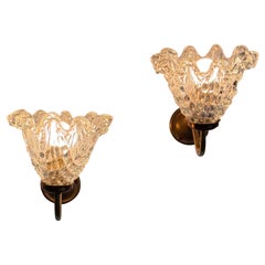 Pair of Murano Glass and Brass Wall Sconces by Barovier 
Toso, 1940s