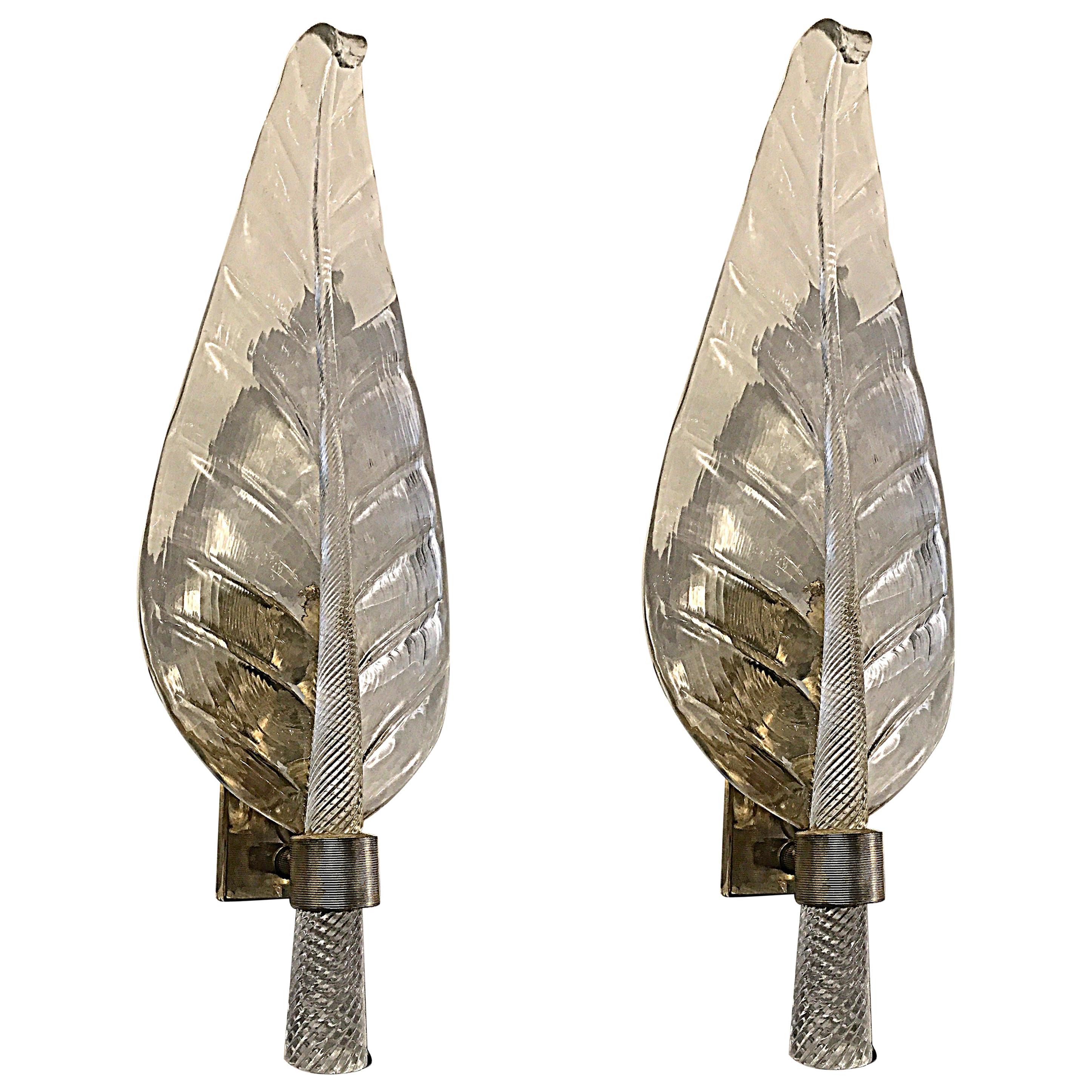 Pair of Murano Glass and Bronze Leaf Sconces