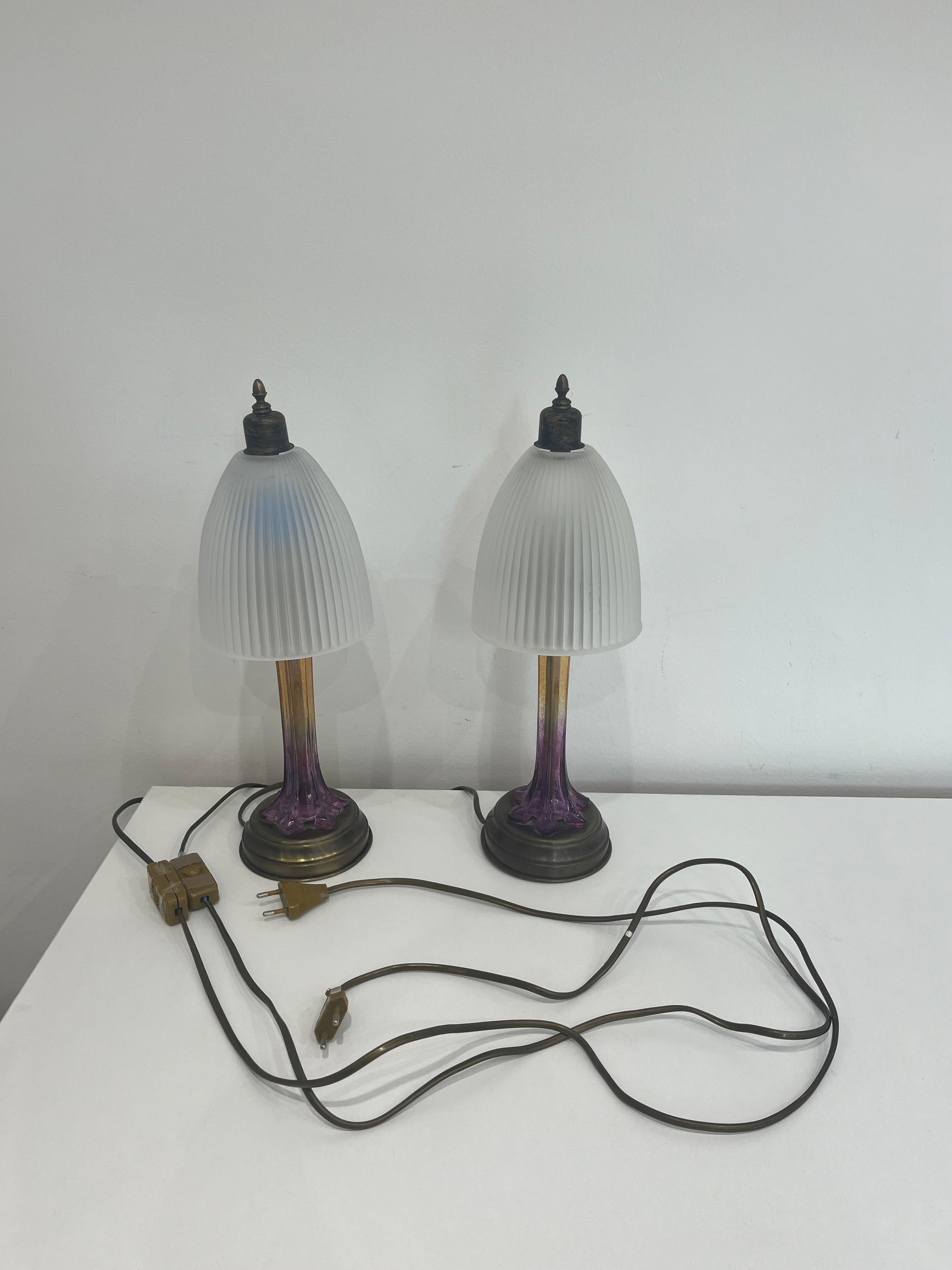 Paire de lampes de table en verre de Murano et bronze, Italie, 1970 en vente 4