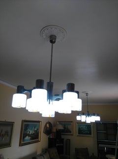 midcenturyPair of Murano Glass and Chrome-Plated Steel Chandeliers