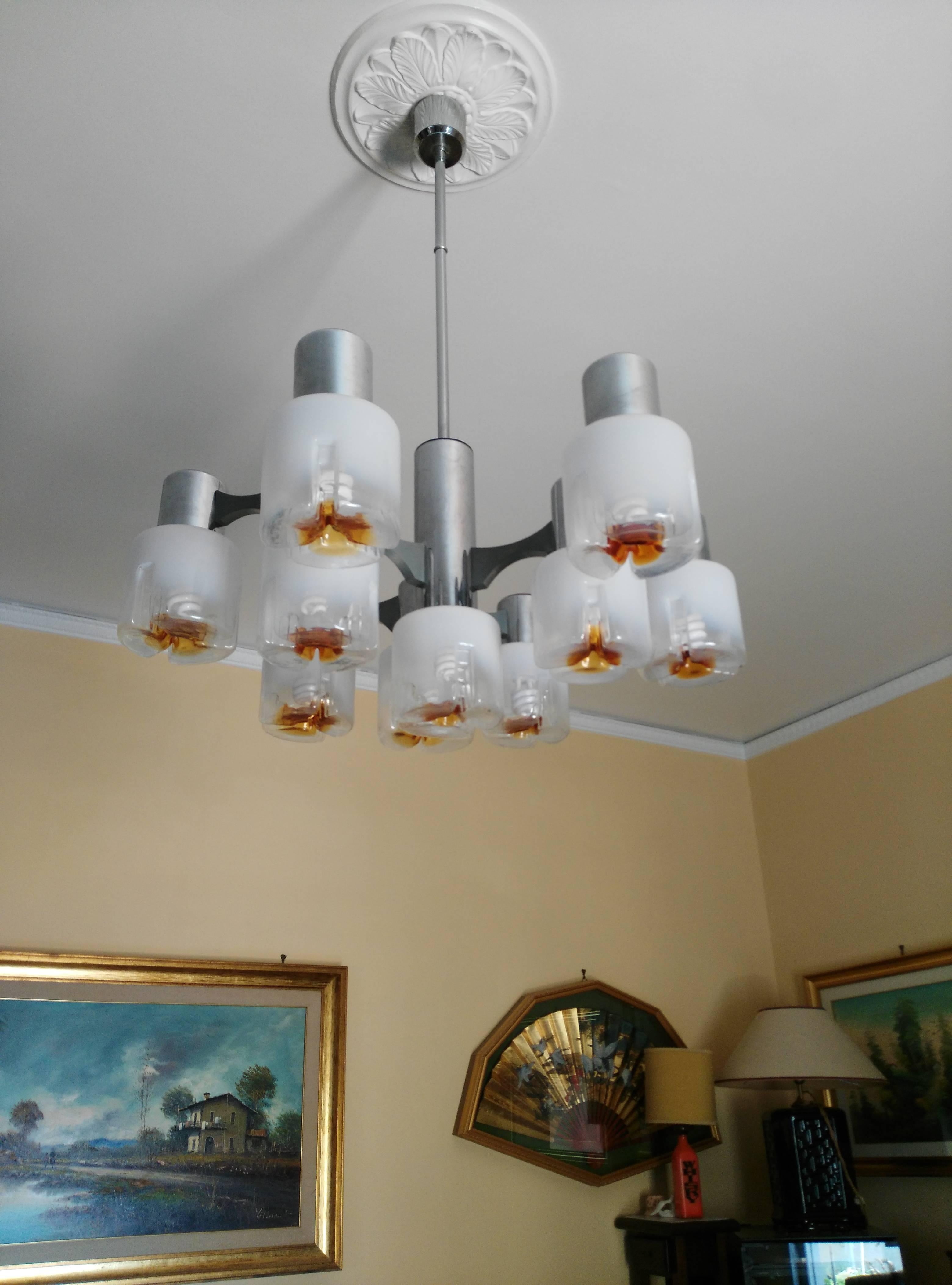 Mid-Century Modern midcenturyPair of Murano Glass and Chrome-Plated Steel Chandeliers For Sale
