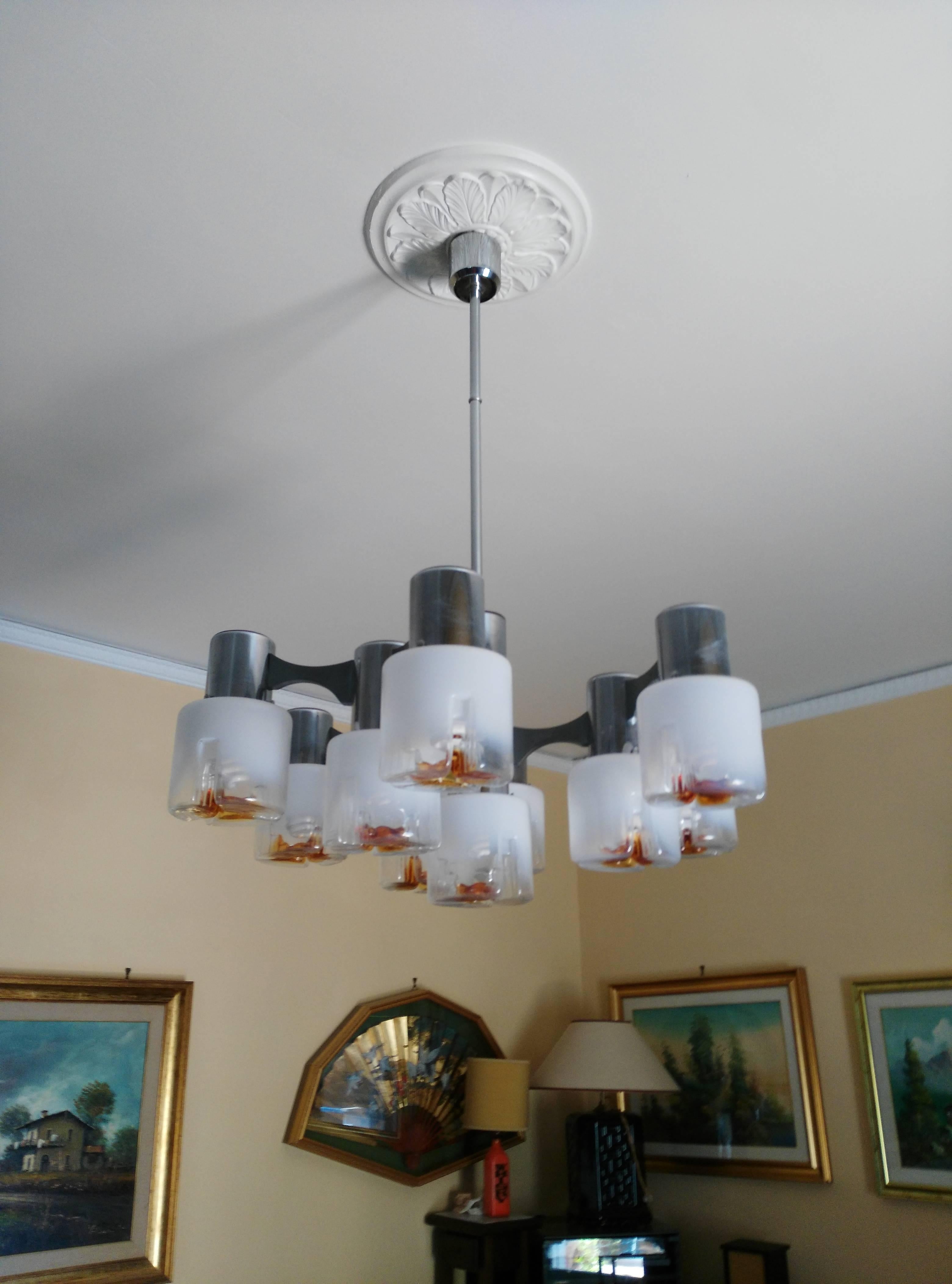 Italian midcenturyPair of Murano Glass and Chrome-Plated Steel Chandeliers For Sale