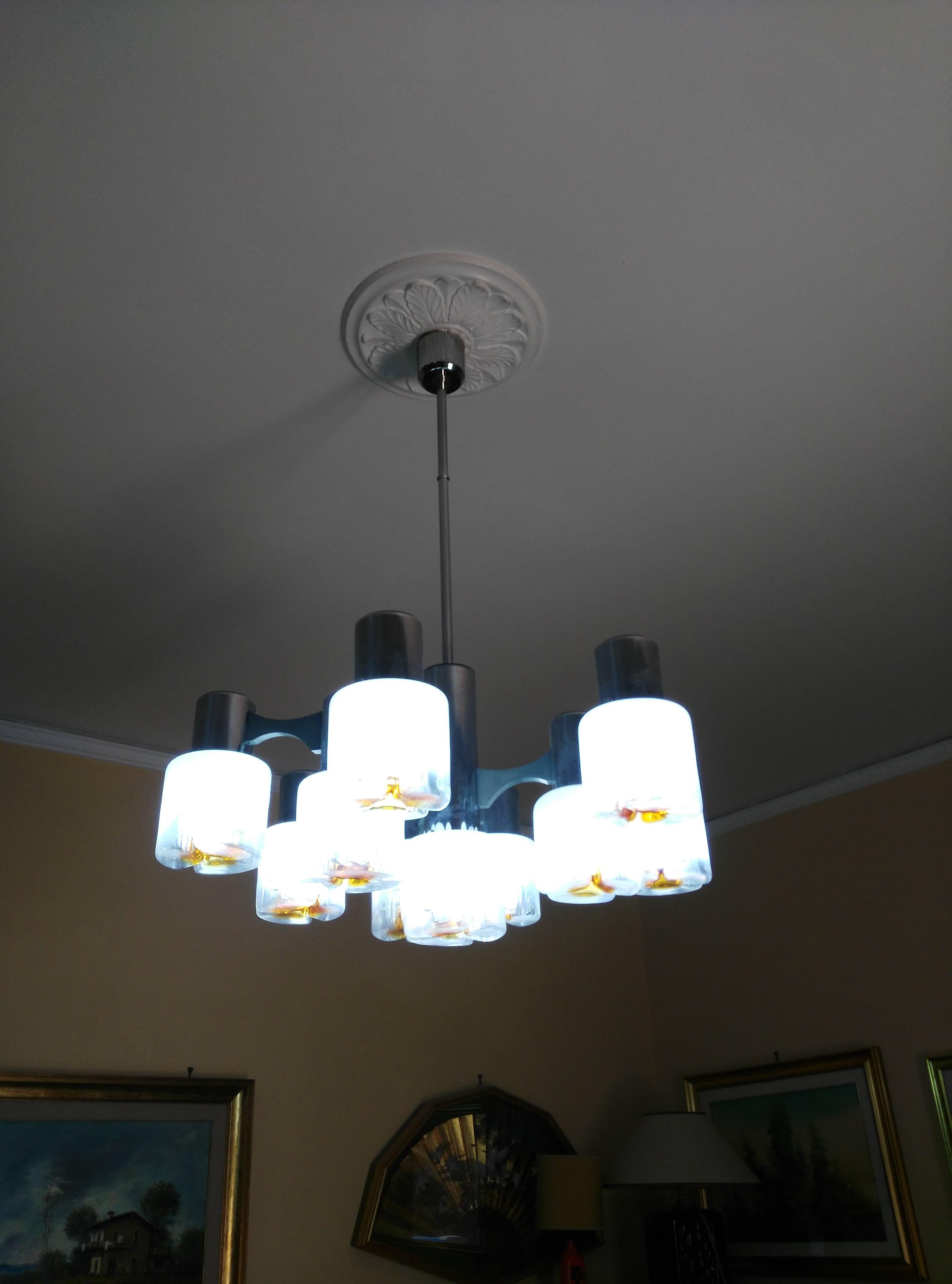 midcenturyPair of Murano Glass and Chrome-Plated Steel Chandeliers For Sale 1