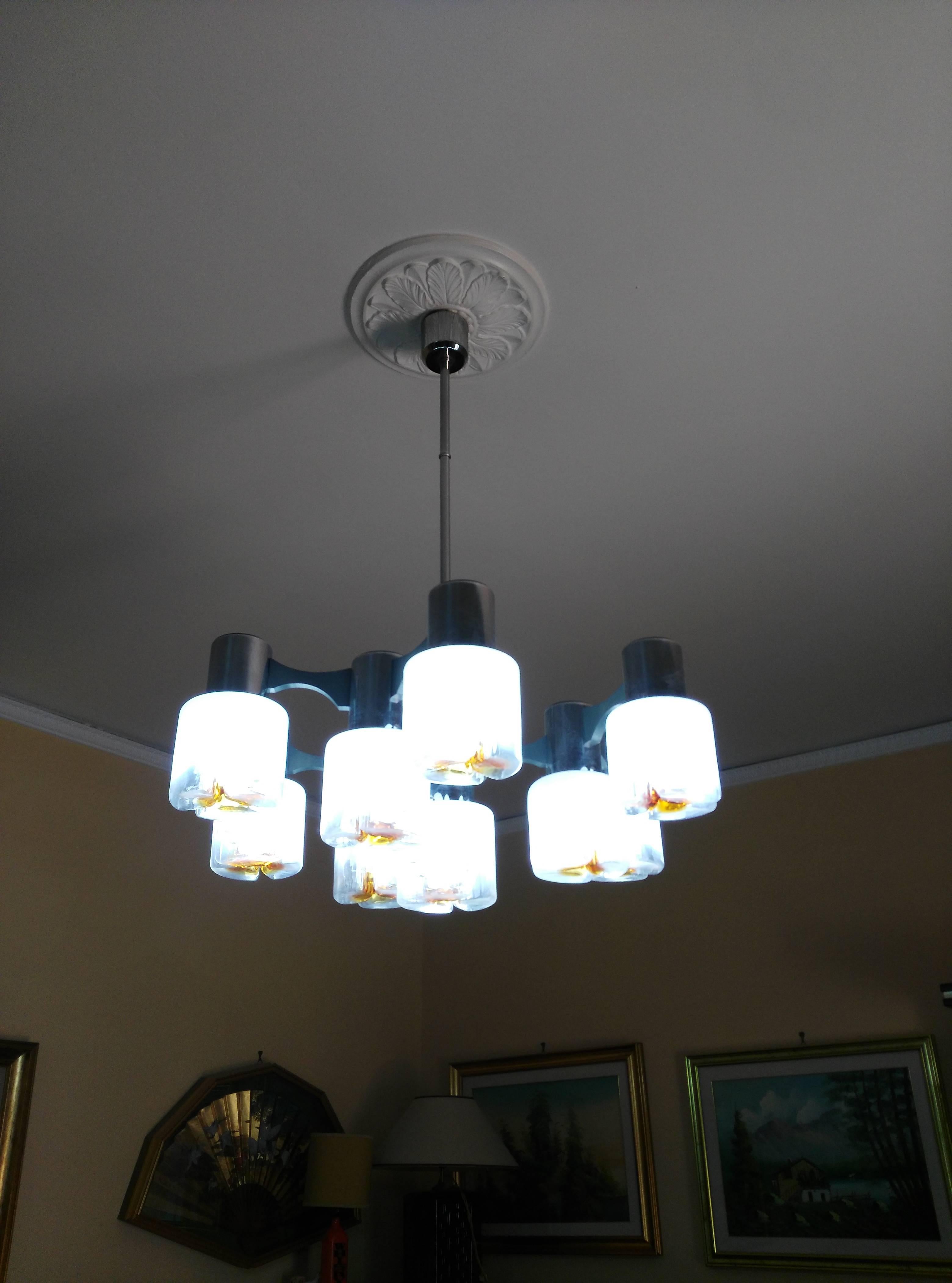 midcenturyPair of Murano Glass and Chrome-Plated Steel Chandeliers For Sale 2