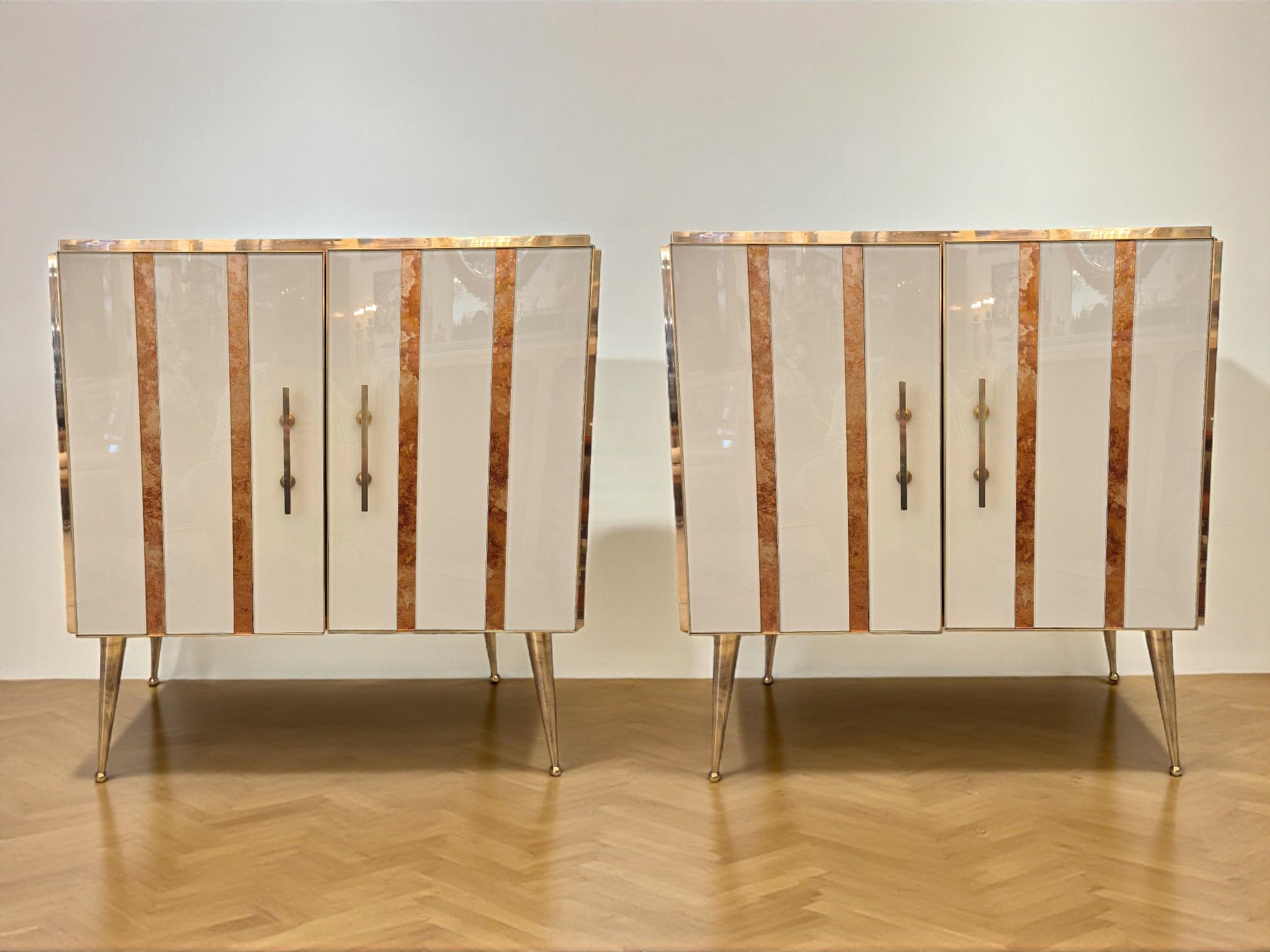 Mid-Century Modern Pair of Murano Glass and Gilded Brass cabinets, Italy, Circa 1960/70 For Sale