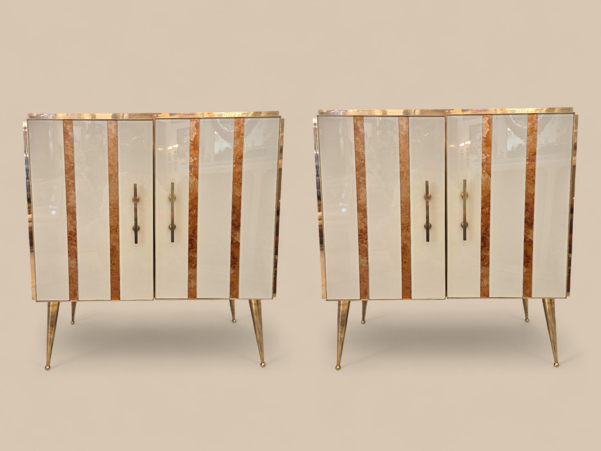 Italian Pair of Murano Glass and Gilded Brass cabinets, Italy, Circa 1960/70 For Sale
