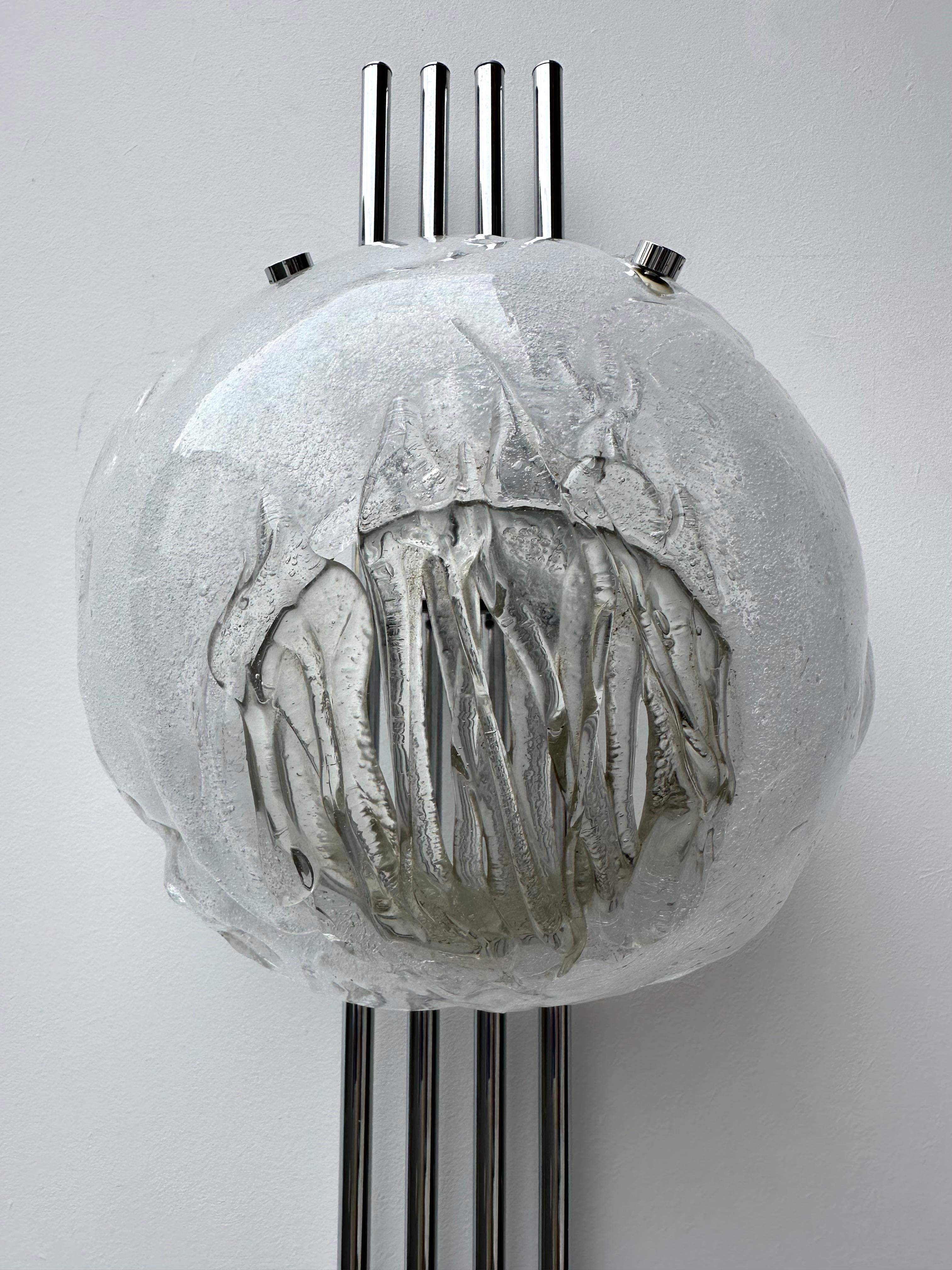 Italian Pair of Murano Glass and Metal Chrome Sconces by Esperia. Italy, 1970s For Sale