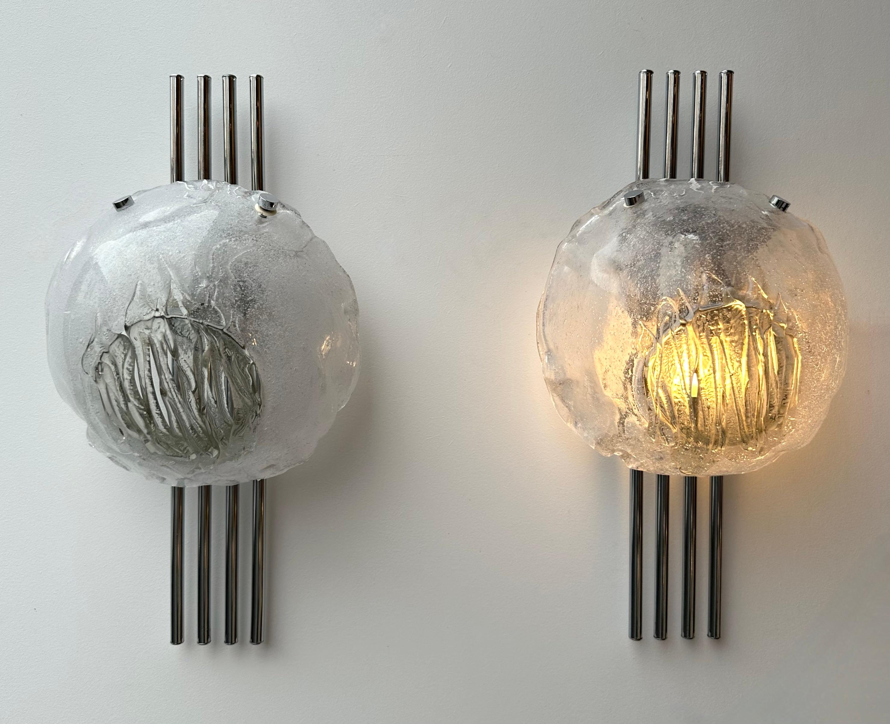 Late 20th Century Pair of Murano Glass and Metal Chrome Sconces by Esperia. Italy, 1970s For Sale