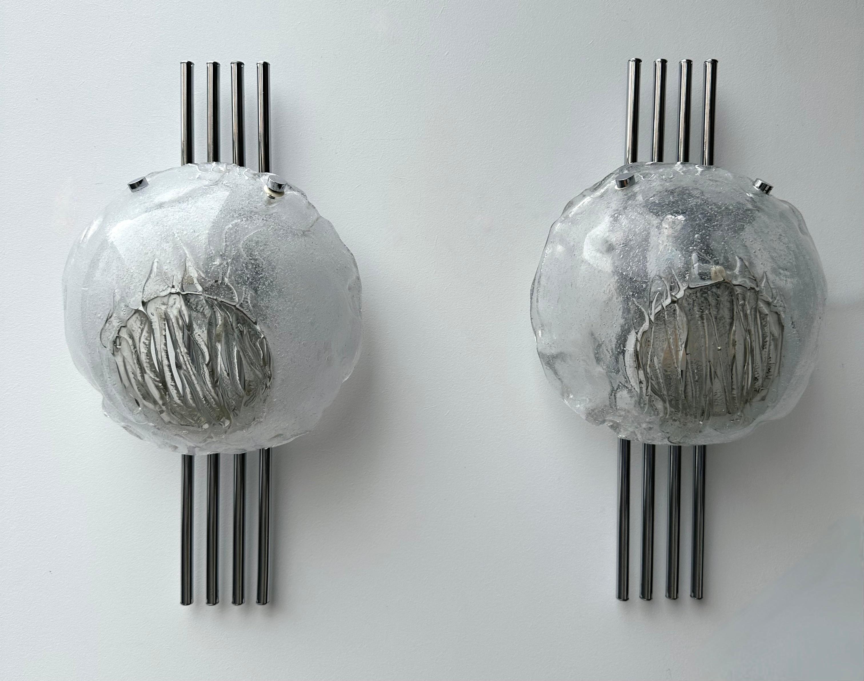 Pair of Murano Glass and Metal Chrome Sconces by Esperia. Italy, 1970s For Sale 1
