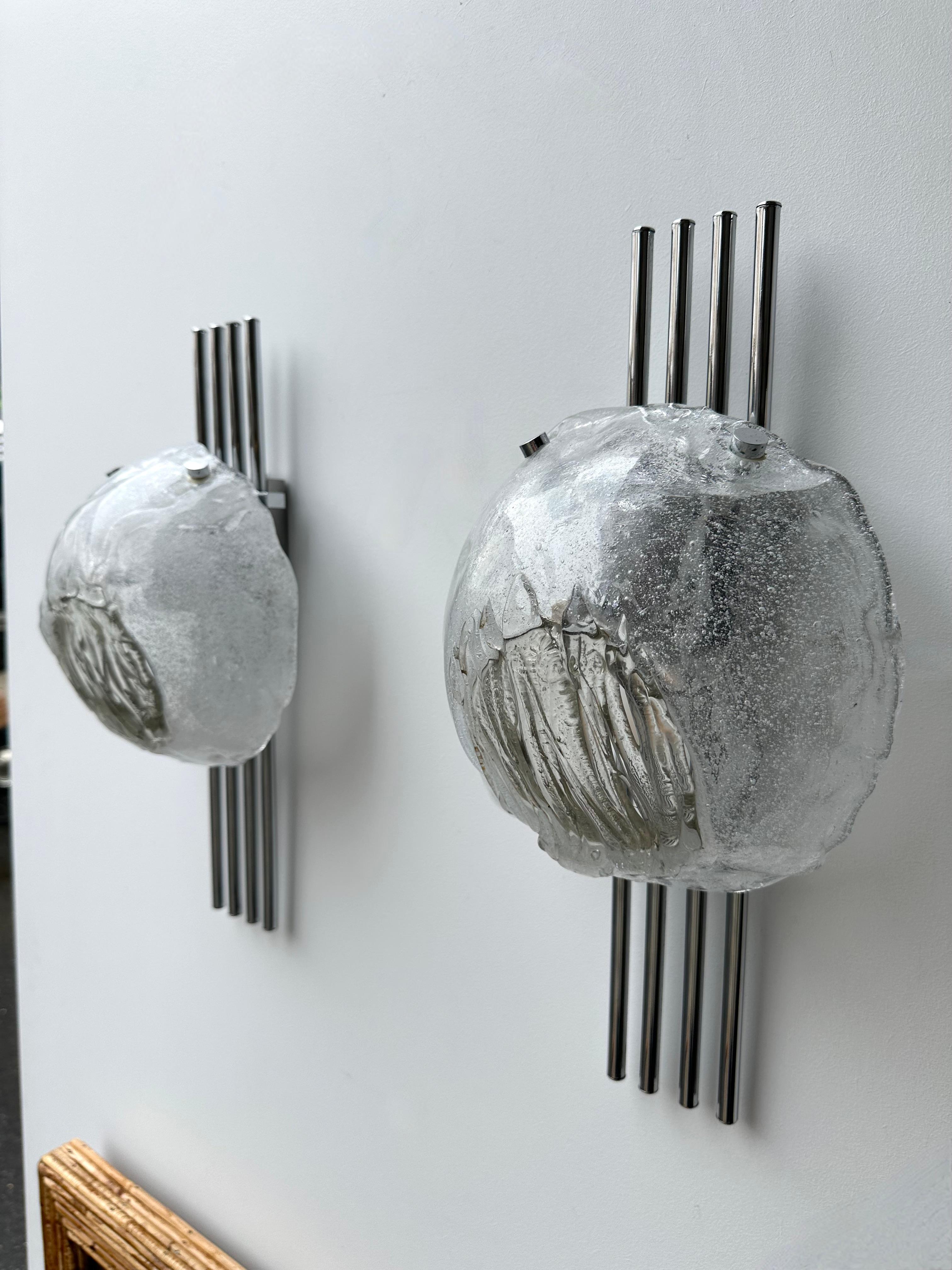 Pair of Murano Glass and Metal Chrome Sconces by Esperia. Italy, 1970s For Sale 2