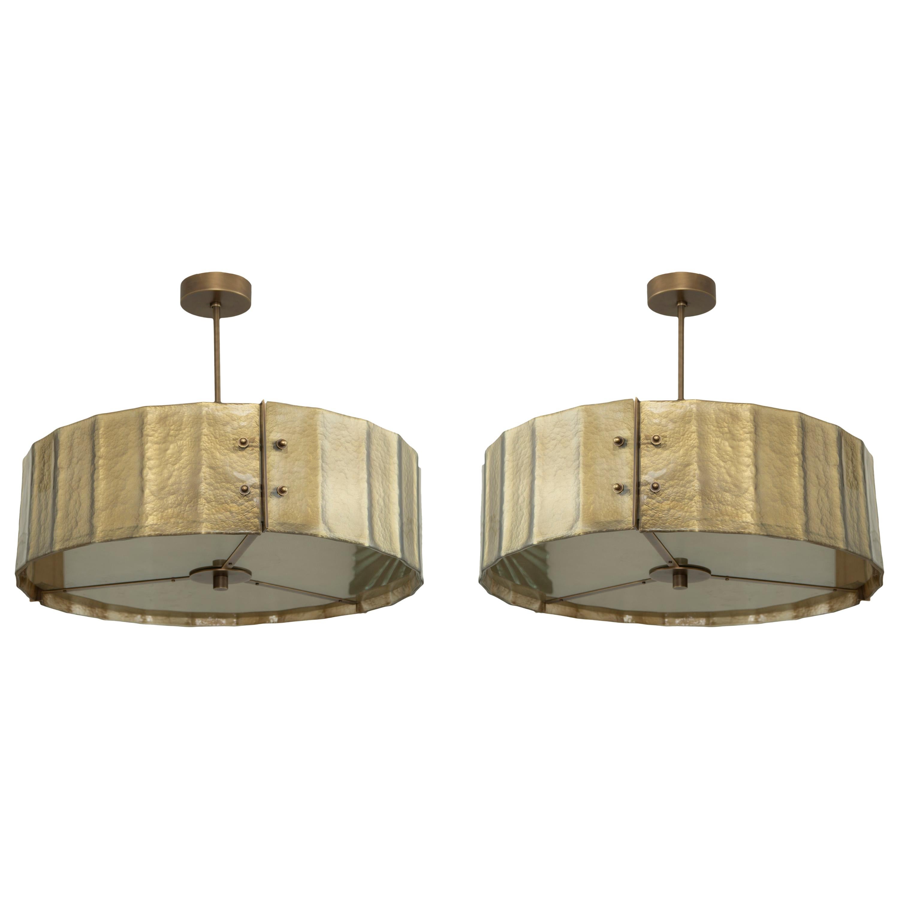 Pair of Murano Glass and Patinated Brass Drum Chandelier, in Stock