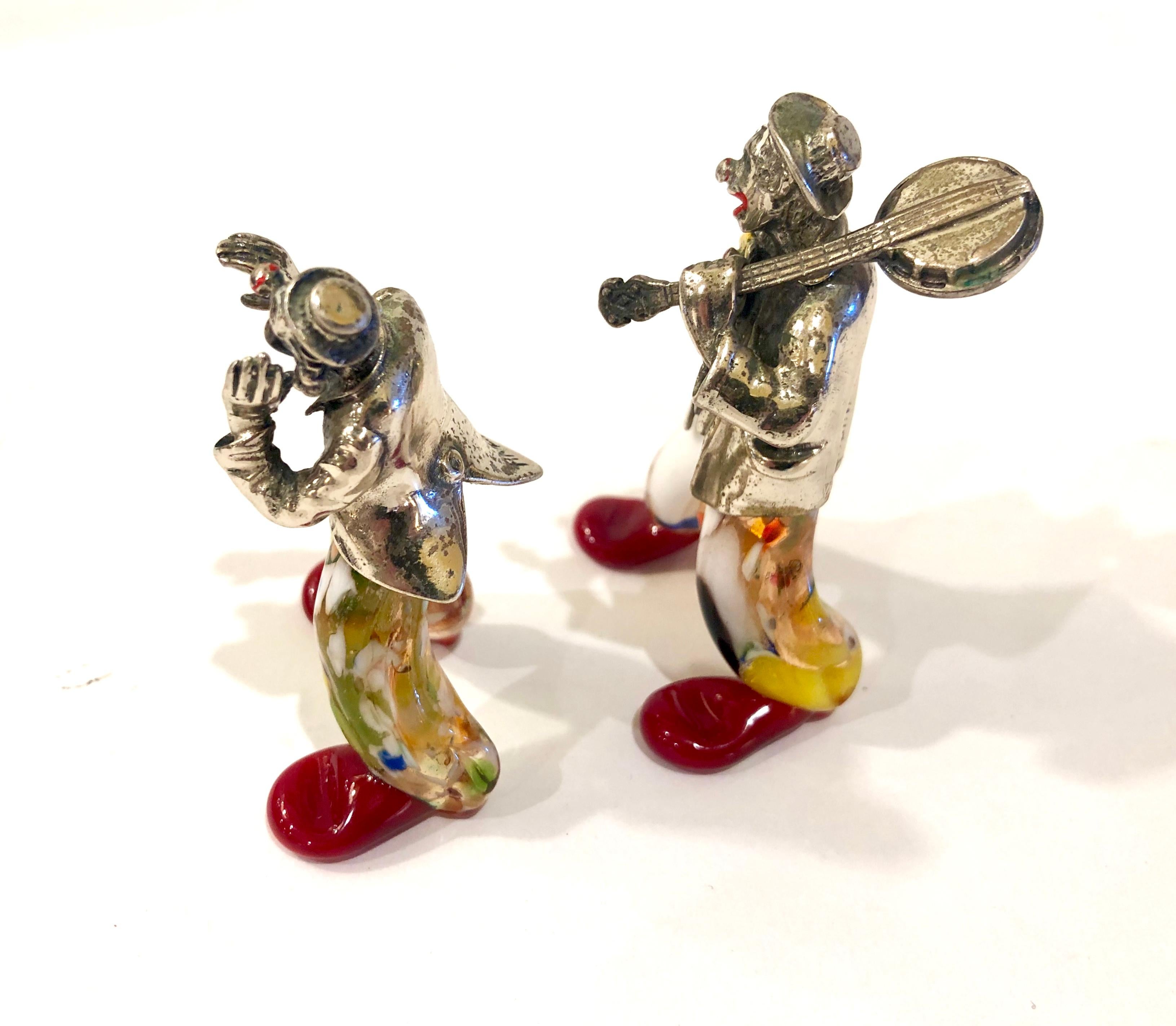 Pair of Murano glass and sterling silver musical clowns by Vittorio Angini, charming set with stunning detail, retain original silver plaque signatures and made in Murano Italy labels.