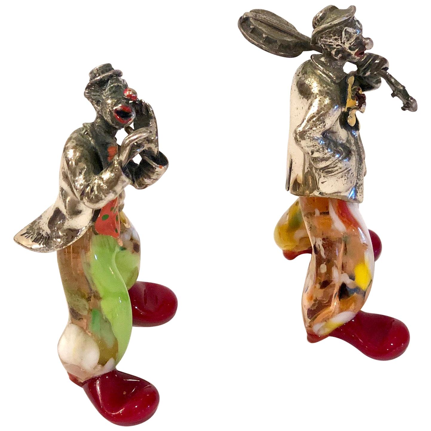 Pair of Murano Glass and Sterling Silver Musical Clowns by Vittorio Angini