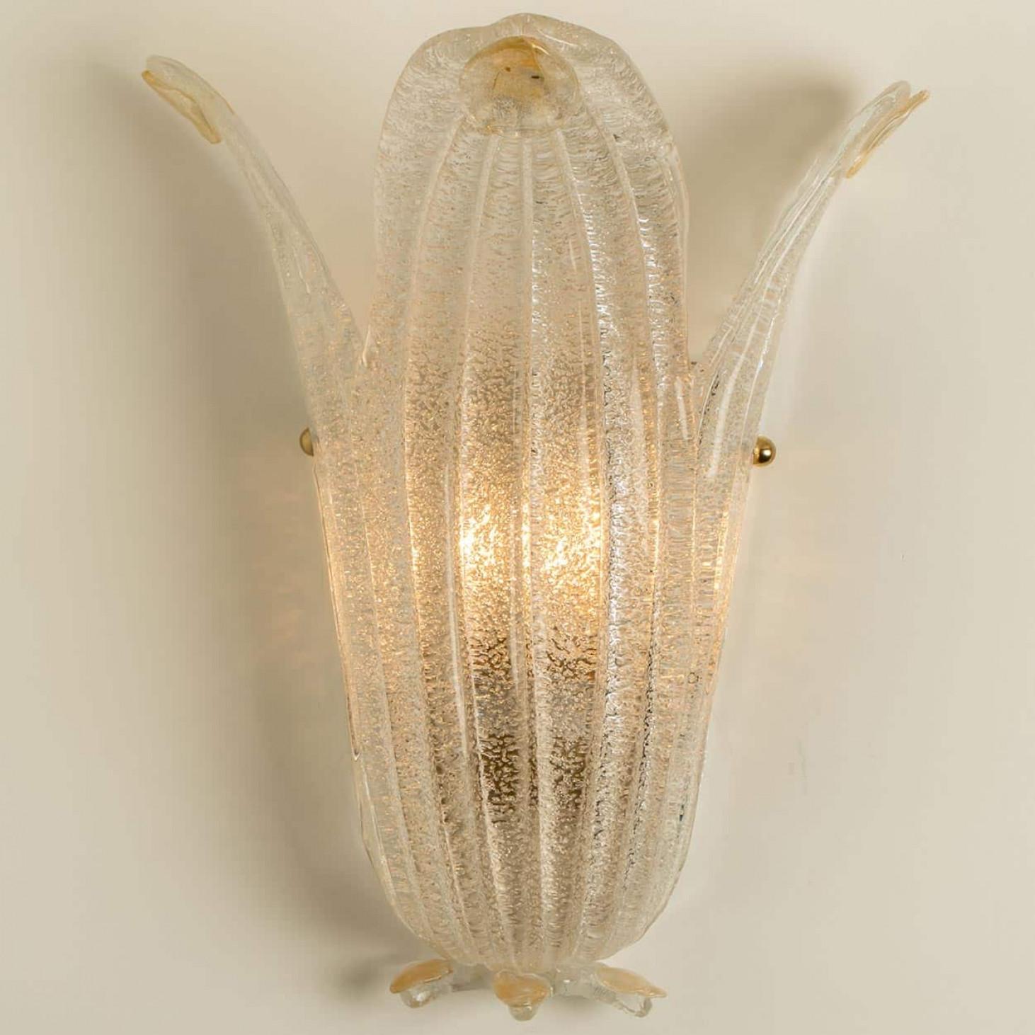 Brass Pair of Murano Glass and Wall Sconces in Style of Barovier & Toso, Italy 1970 For Sale