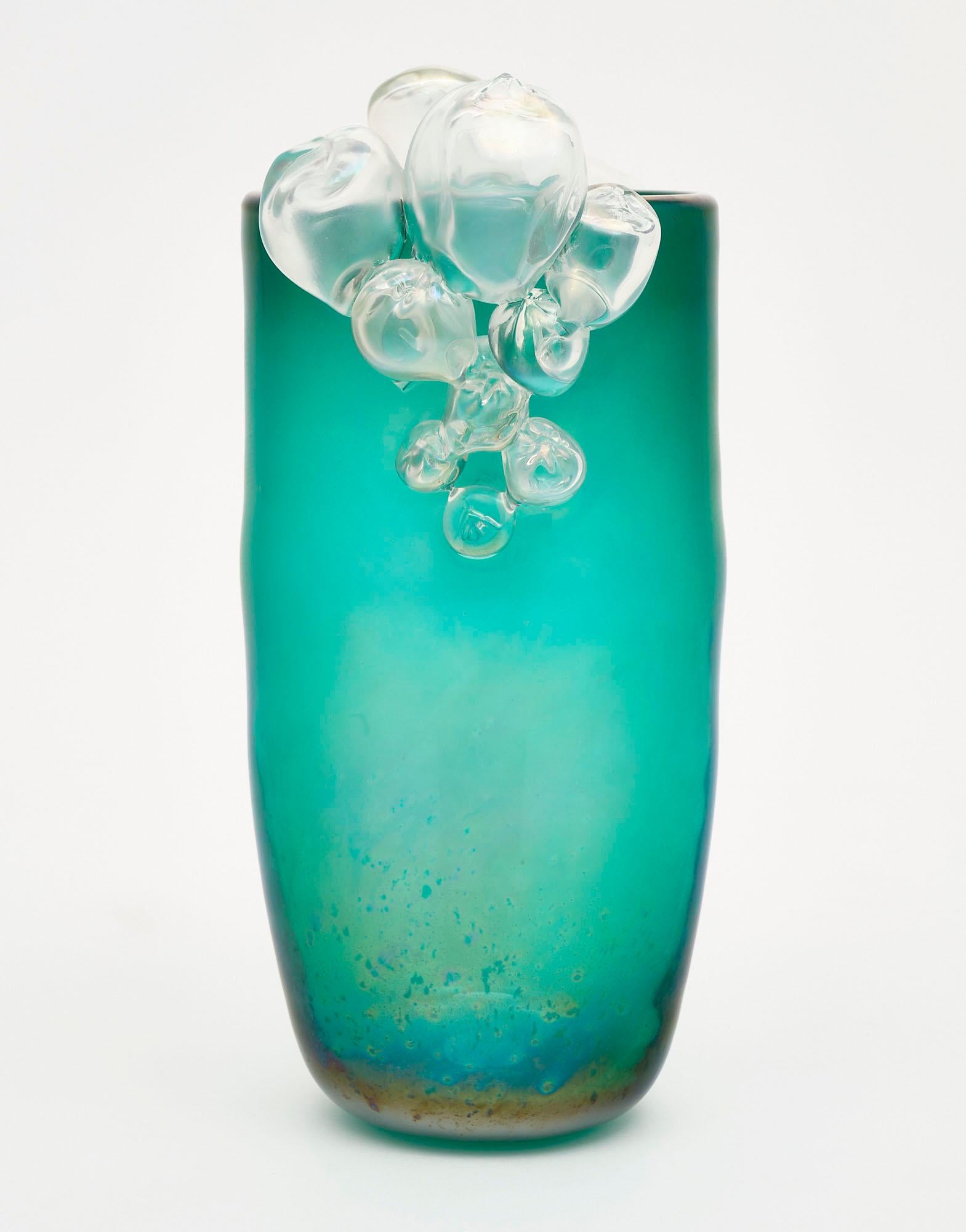 Contemporary Pair of Murano Glass Aqua Bubble Vases