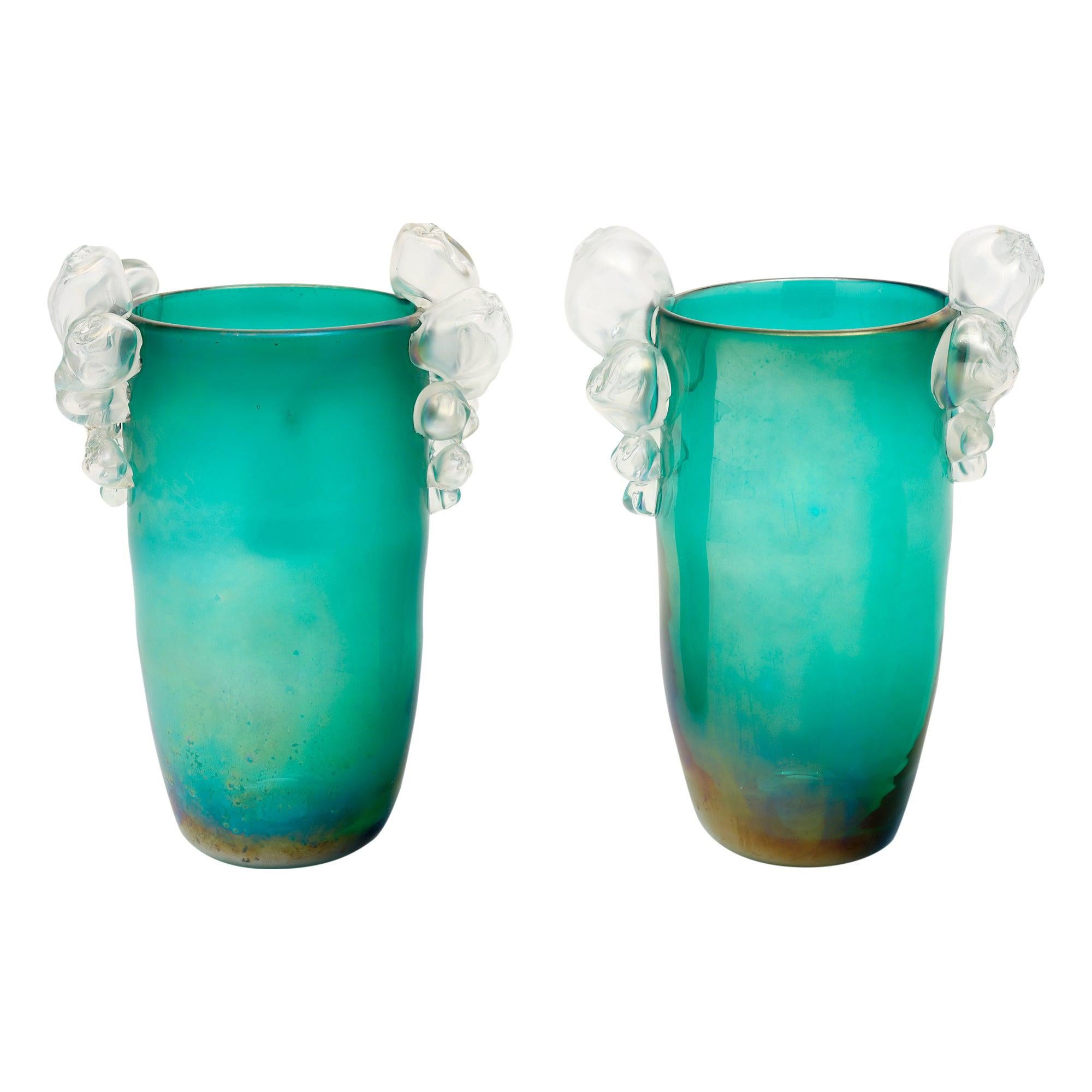 Pair of Murano Glass Aqua Bubble Vases