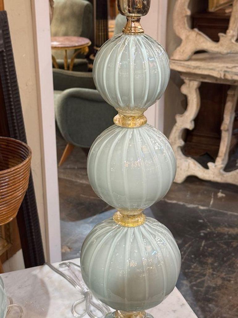Blown Glass Pair of Murano Glass Ball Pale Blue Lamps For Sale