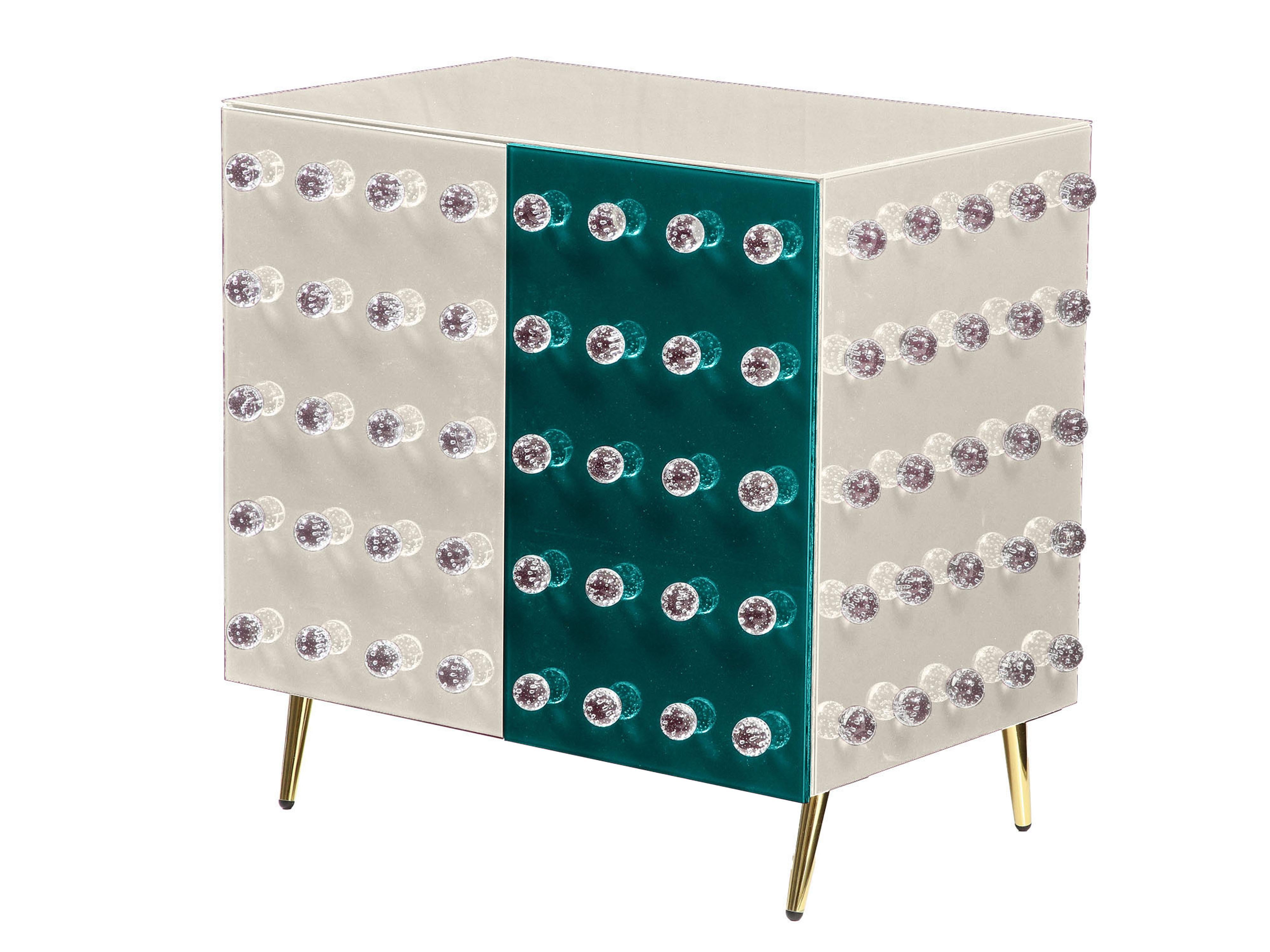 Elevate your space with this exquisite pair of Murano glass bar display cabinets, made in Italy. 

These modern display cabinets feature beautiful blue and white mirror panels, adorned with hypnotic 'jewel' spheres that catch the eye 90 per cabinet.