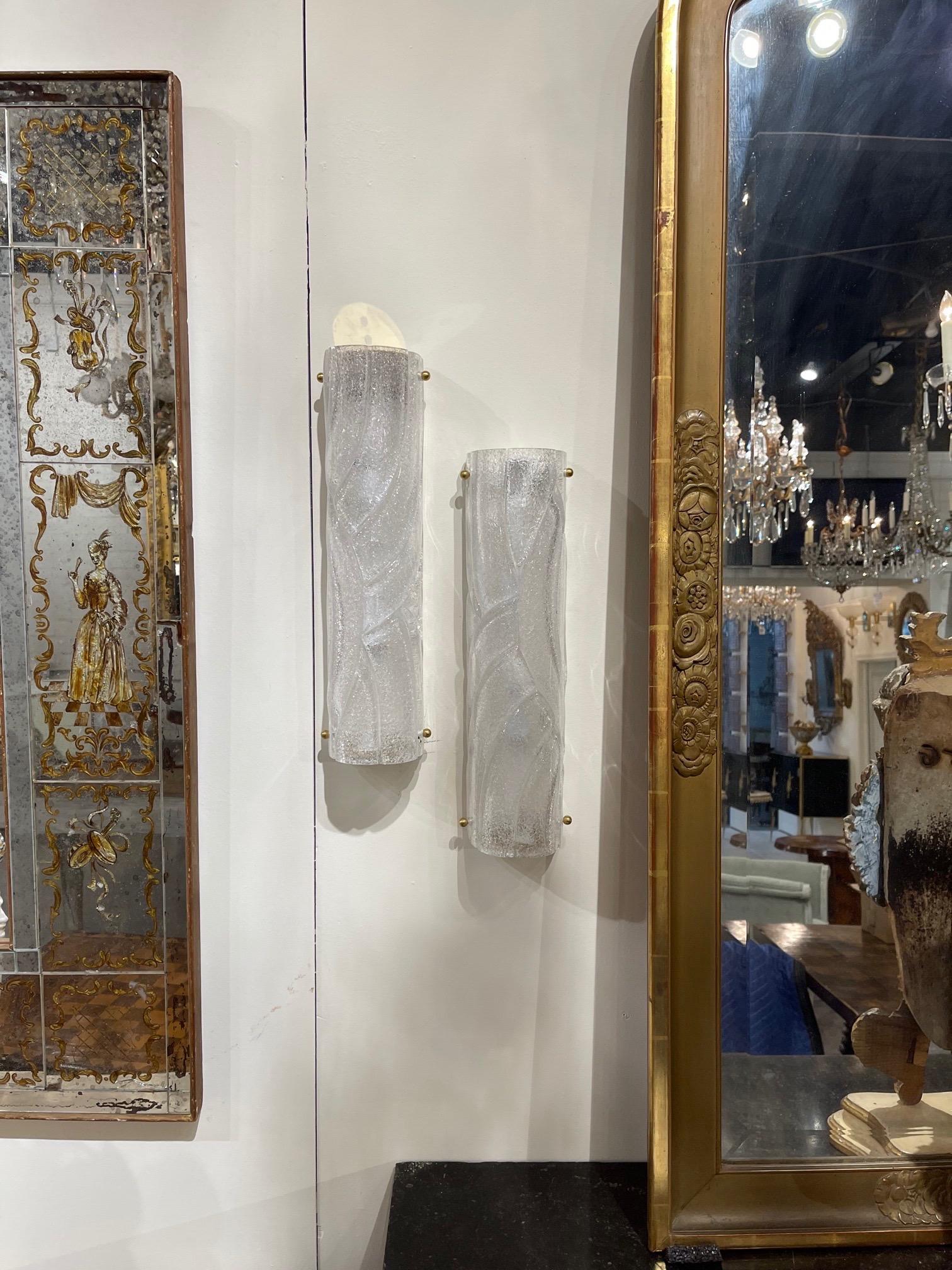 Elegant pair of Murano glass barrel sconces with frosted glass. This pair has a beautiful textural look. So pretty!!
