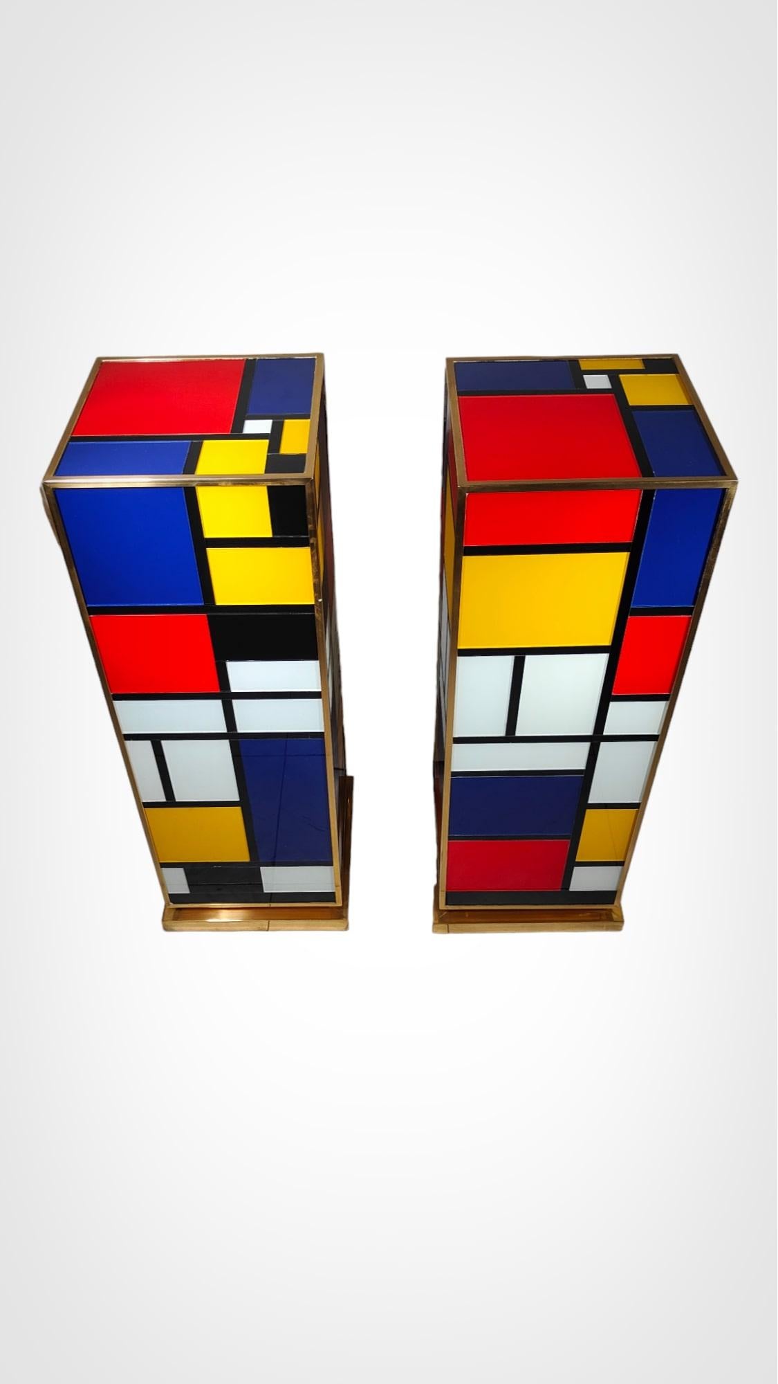 Art Glass Pair Of Piet Mondrian Glass Bases Pedestals Columns For Sale