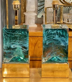 Pair of Green Murano Glass Block Lamps