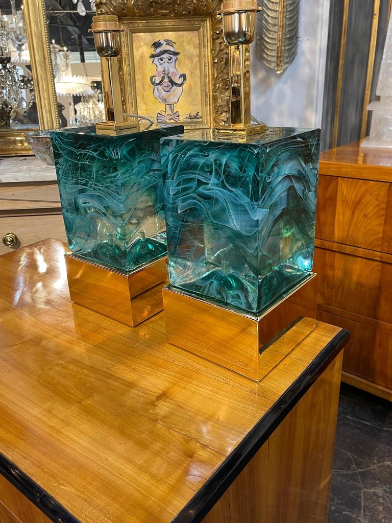 Pair of Green Murano Glass Block Lamps For Sale at 1stDibs