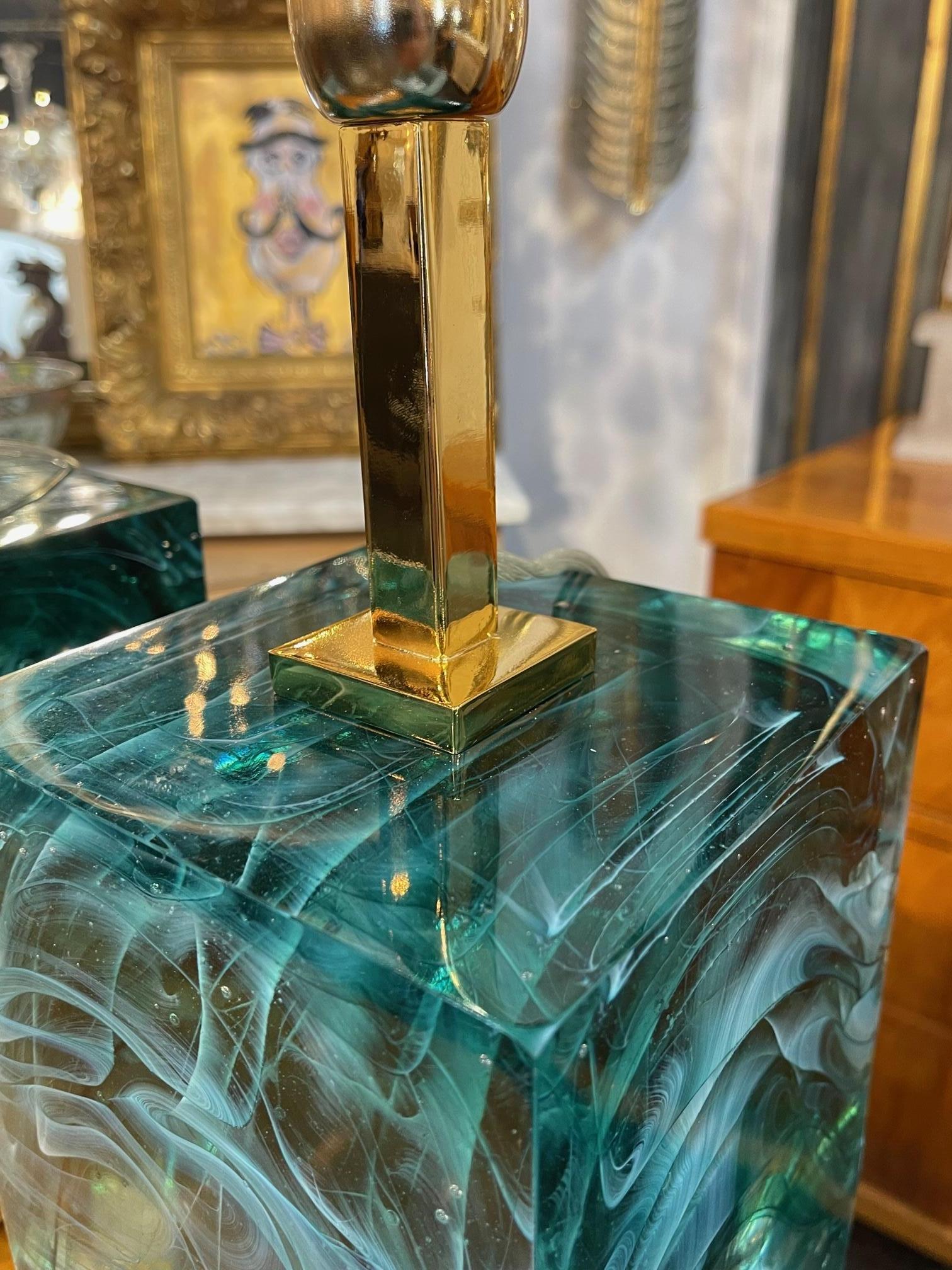 Pair of Green Murano Glass Block Lamps For Sale 1
