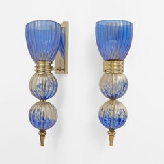 Pair of Murano Glass Blue Wall Sconces with Gold Dust Inclusions