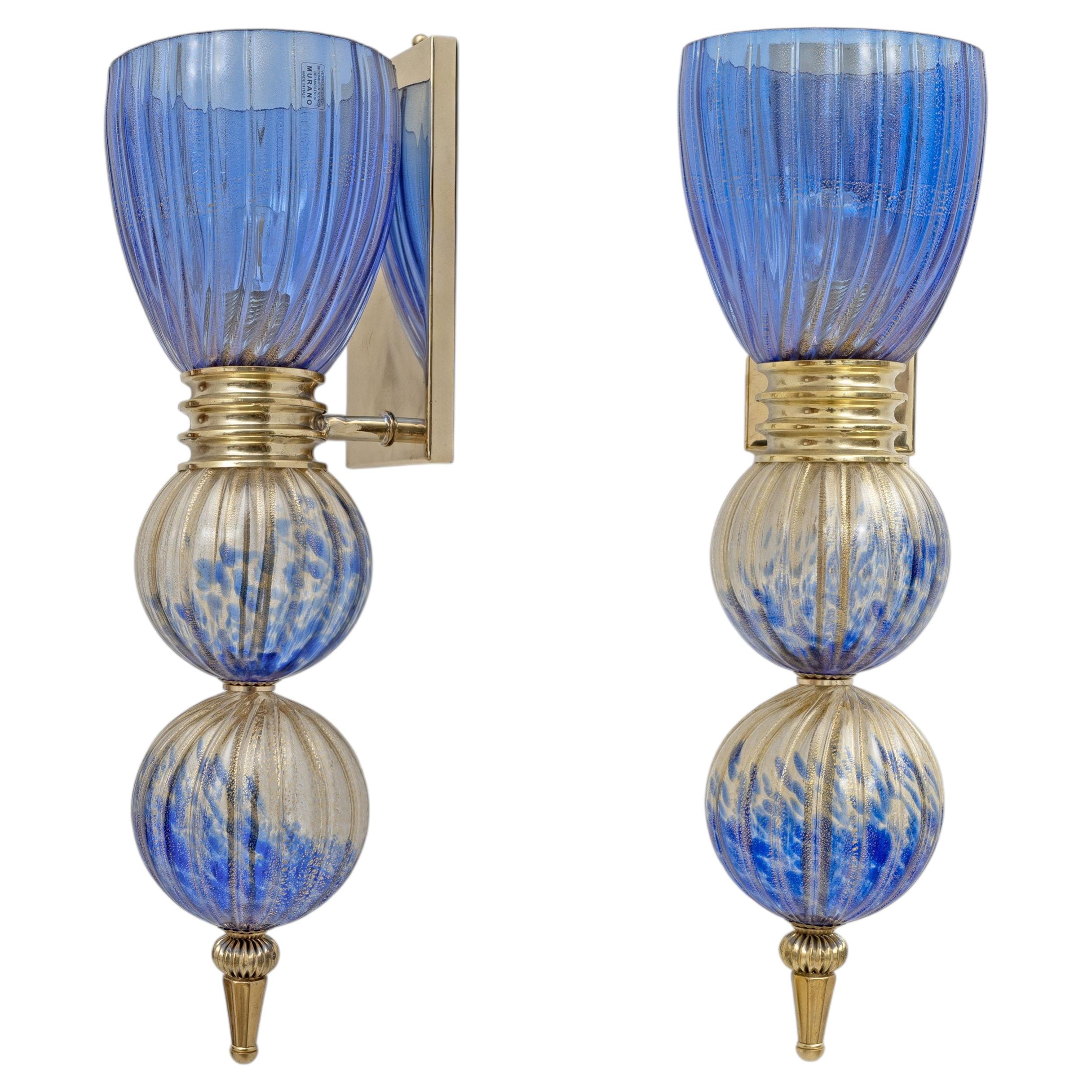 Pair of Murano Glass Blue Wall Sconces with Gold Dust Inclusions For Sale