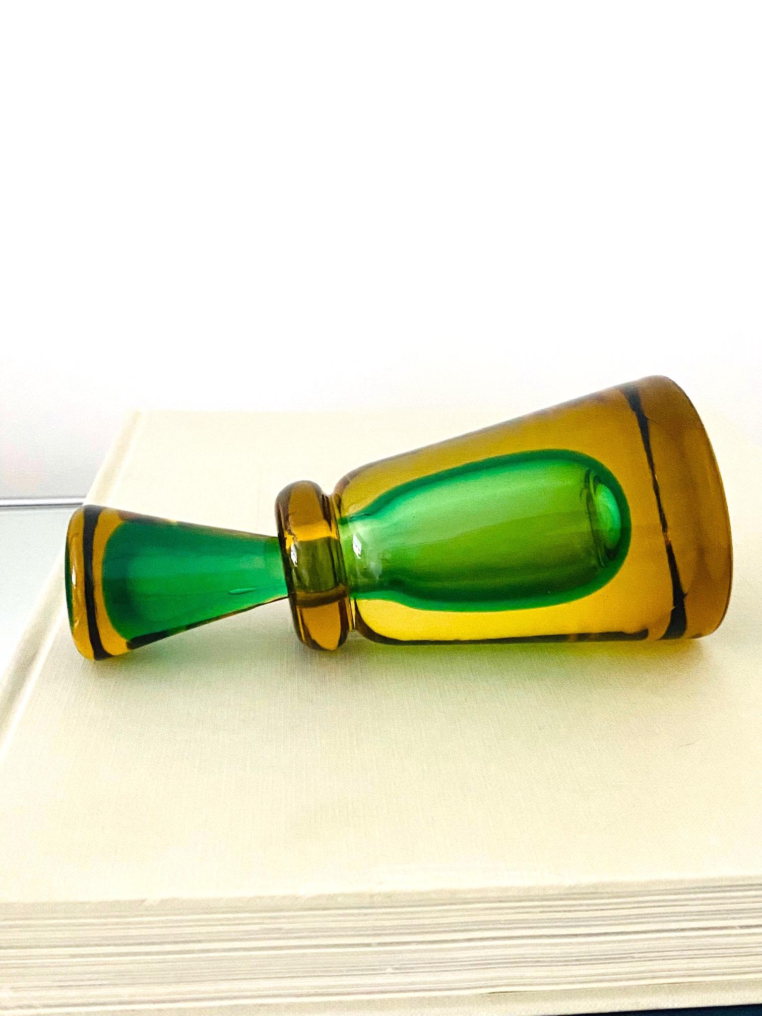 Pair of Murano Glass Bottles in Green and Yellow by Flavio Poli, Italy, c. 1960 3