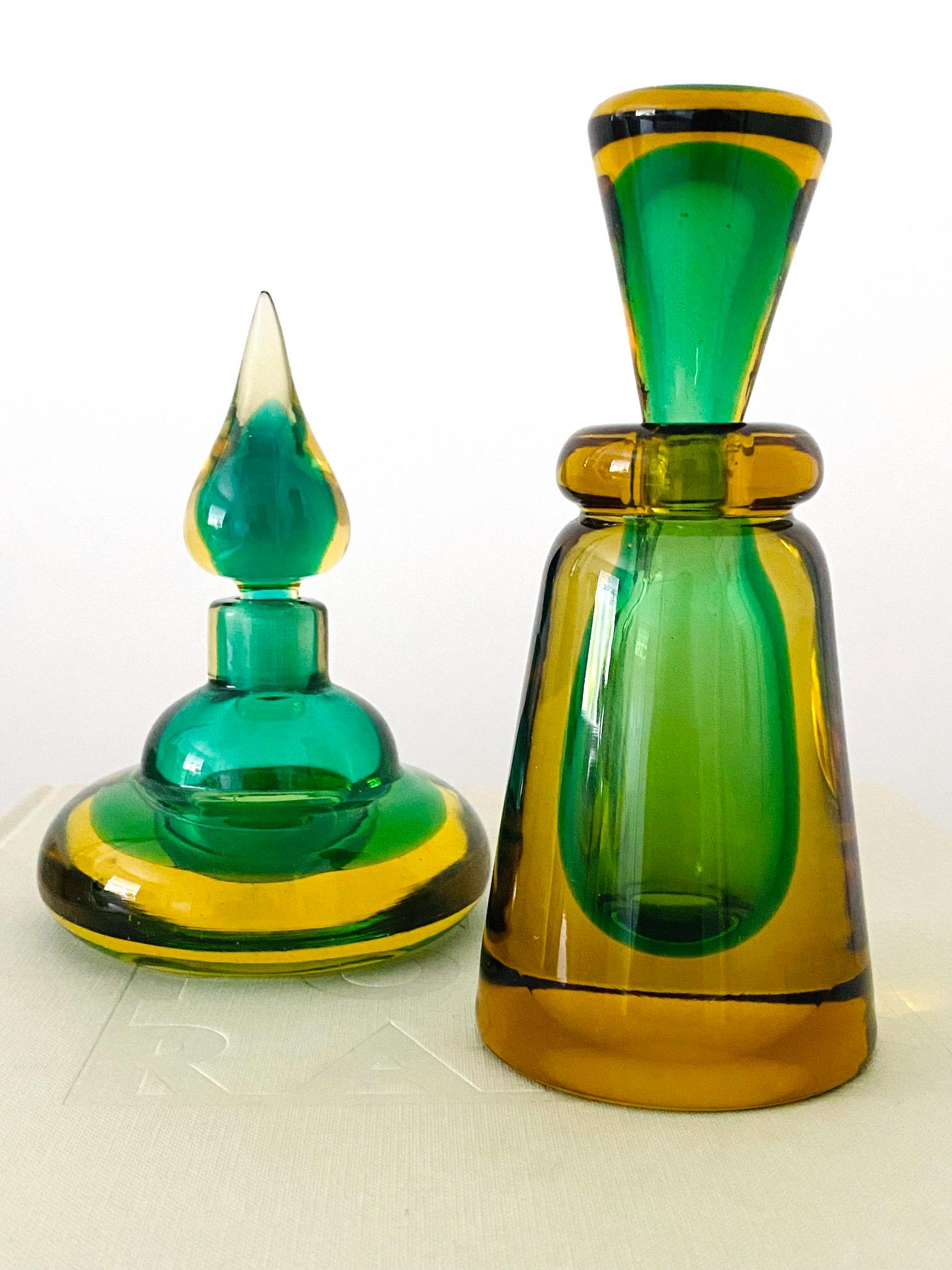 Mid-Century Modern Pair of Murano Glass Bottles in Green and Yellow by Flavio Poli, Italy, c. 1960