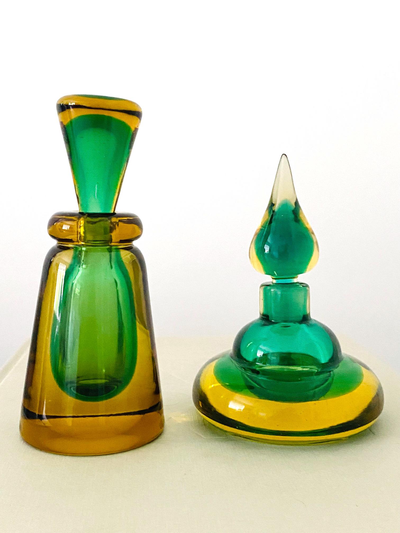 Italian Pair of Murano Glass Bottles in Green and Yellow by Flavio Poli, Italy, c. 1960