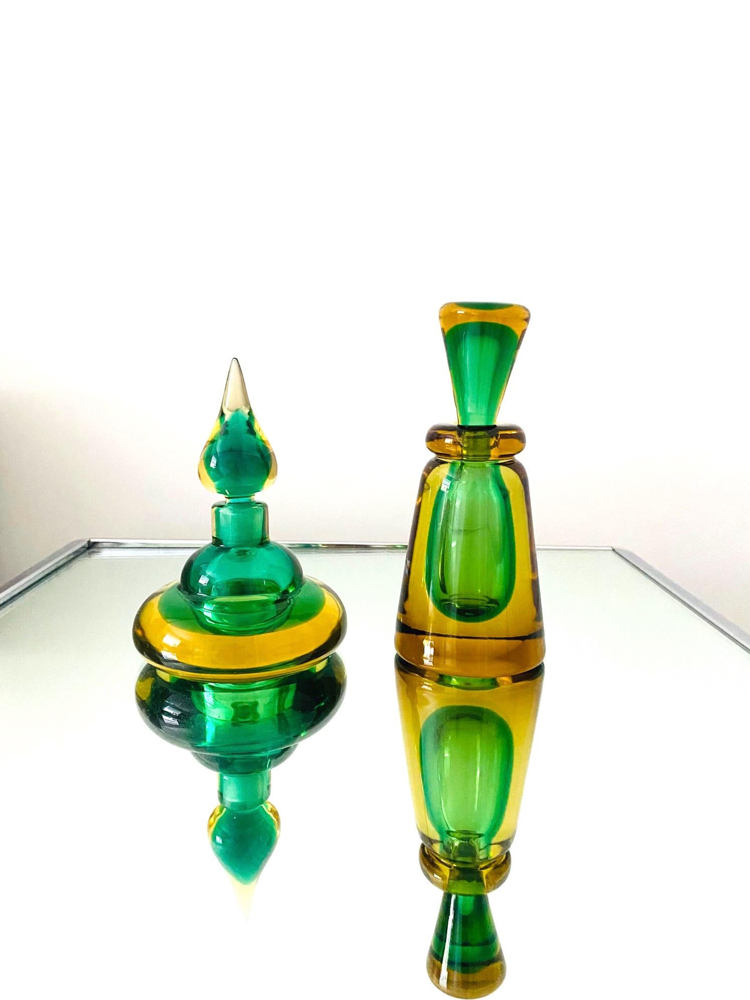 Mid-20th Century Pair of Murano Glass Bottles in Green and Yellow by Flavio Poli, Italy, c. 1960