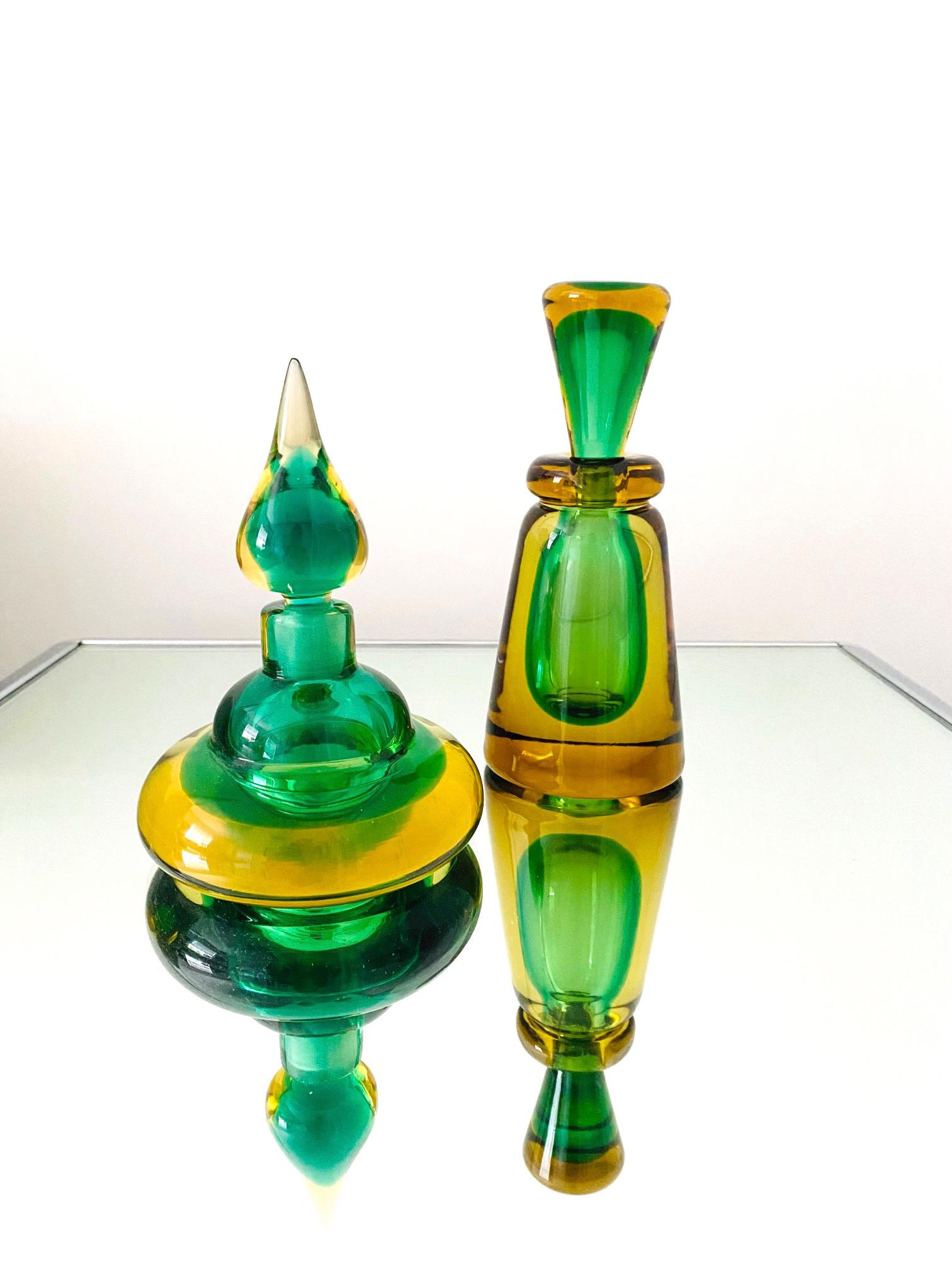 Pair of Murano Glass Bottles in Green and Yellow by Flavio Poli, Italy, c. 1960 1