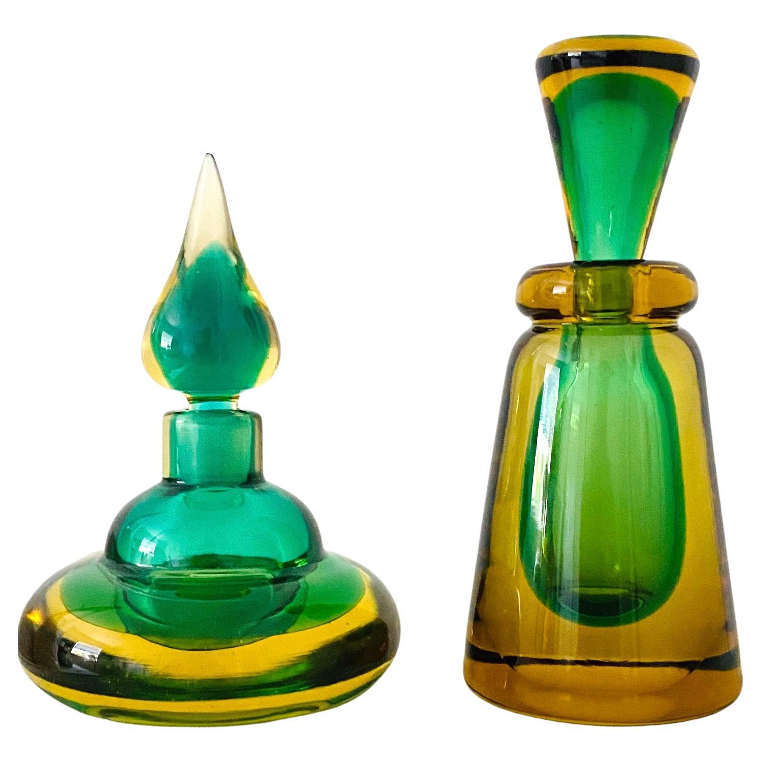 Pair of Murano Glass Bottles in Green and Yellow by Flavio Poli, Italy, c. 1960