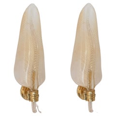 Pair of Murano Glass & Brass Leaf Sconces, Barovier Style
