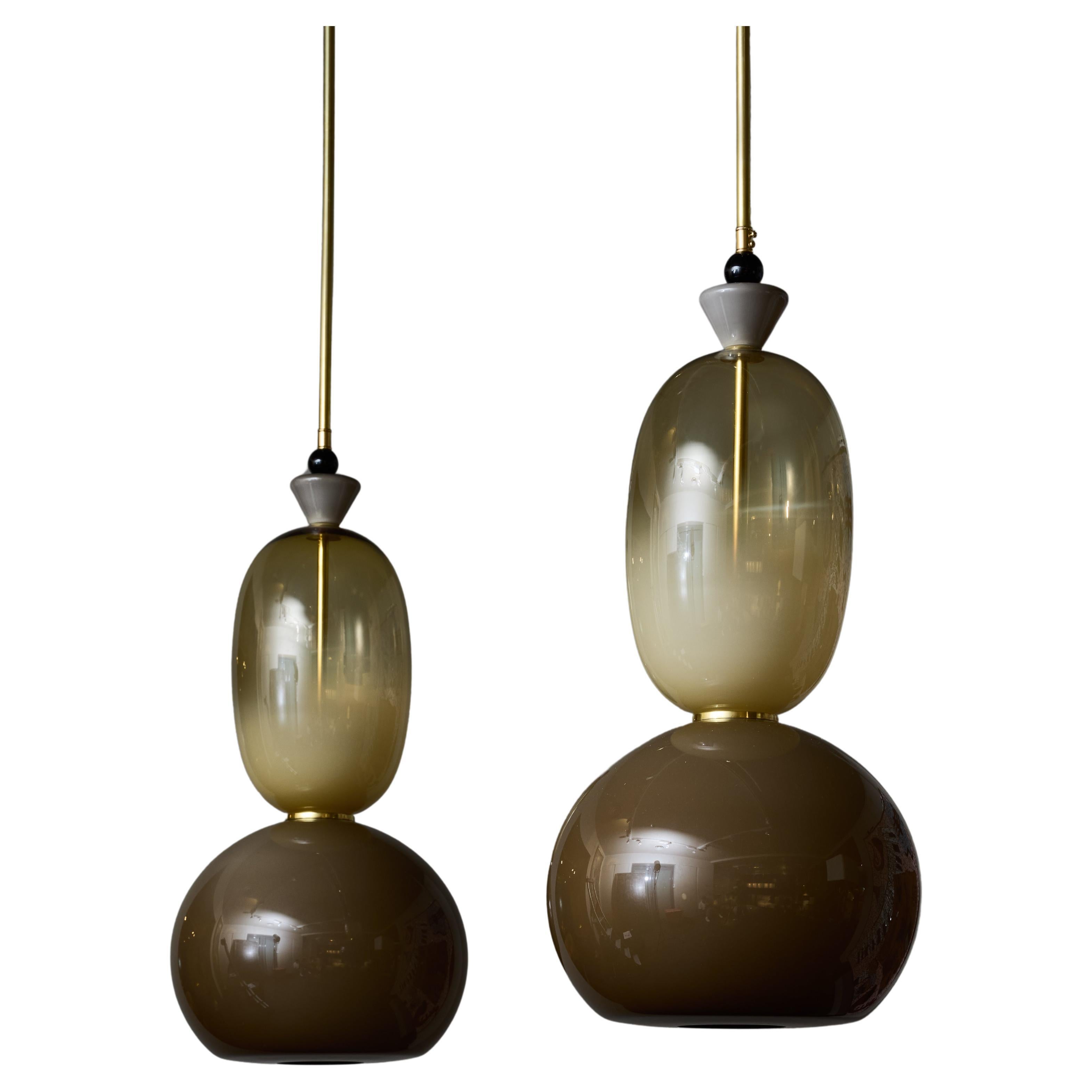 Pair of Murano Glass Brown and Smoked Suspensions with Brass Accents For Sale