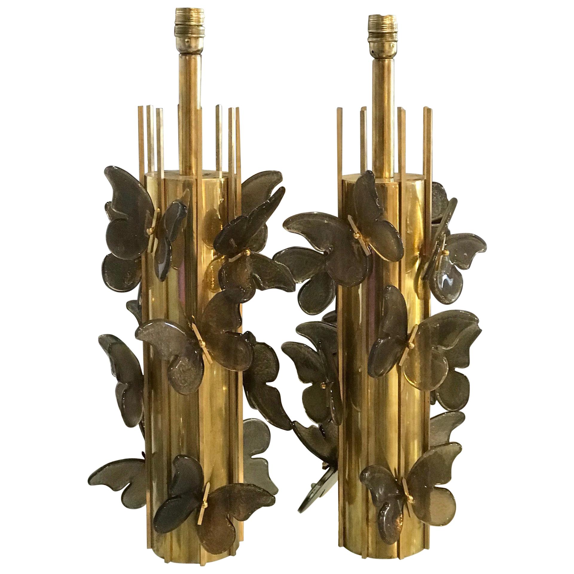Pair of Murano Glass Butterflies on Brass Table Lamps