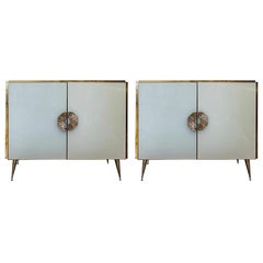 Pair of Murano Glass Cabinets with Brass Trim