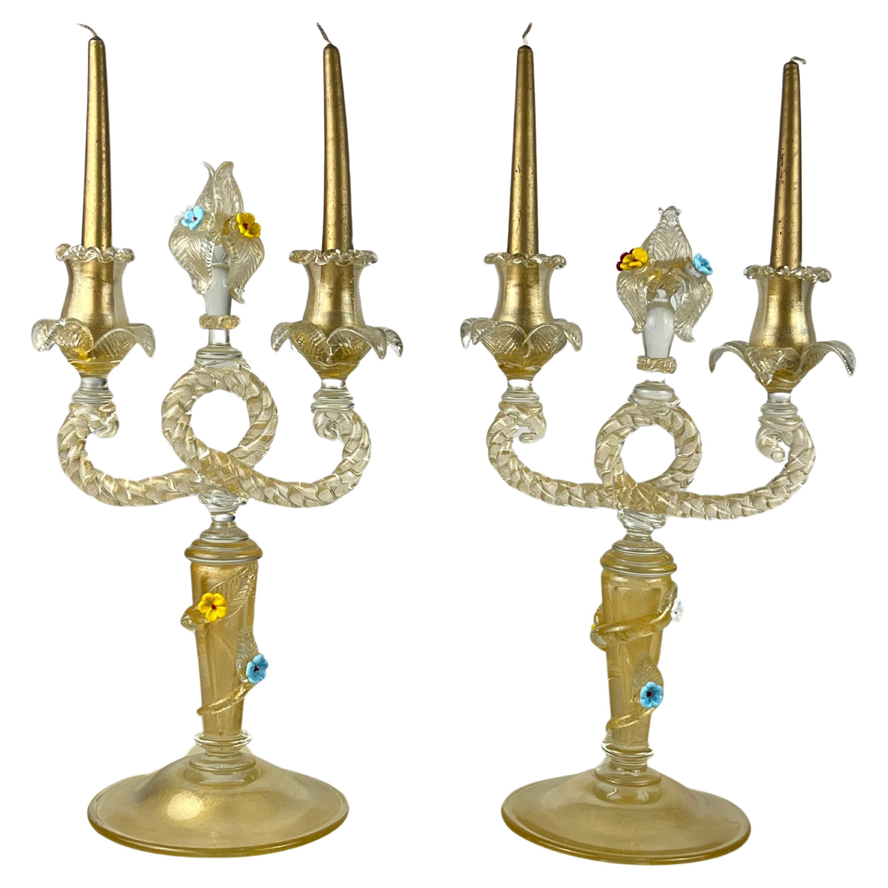 Set Of  2 Murano Glass Candelabras Attributed to Barovier & Toso Italy 1960s For Sale
