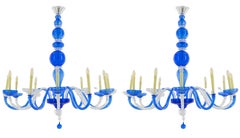 Pair of Murano Glass Chandelier Cobalt & Crystal, Hand-Formed Candlestick Design