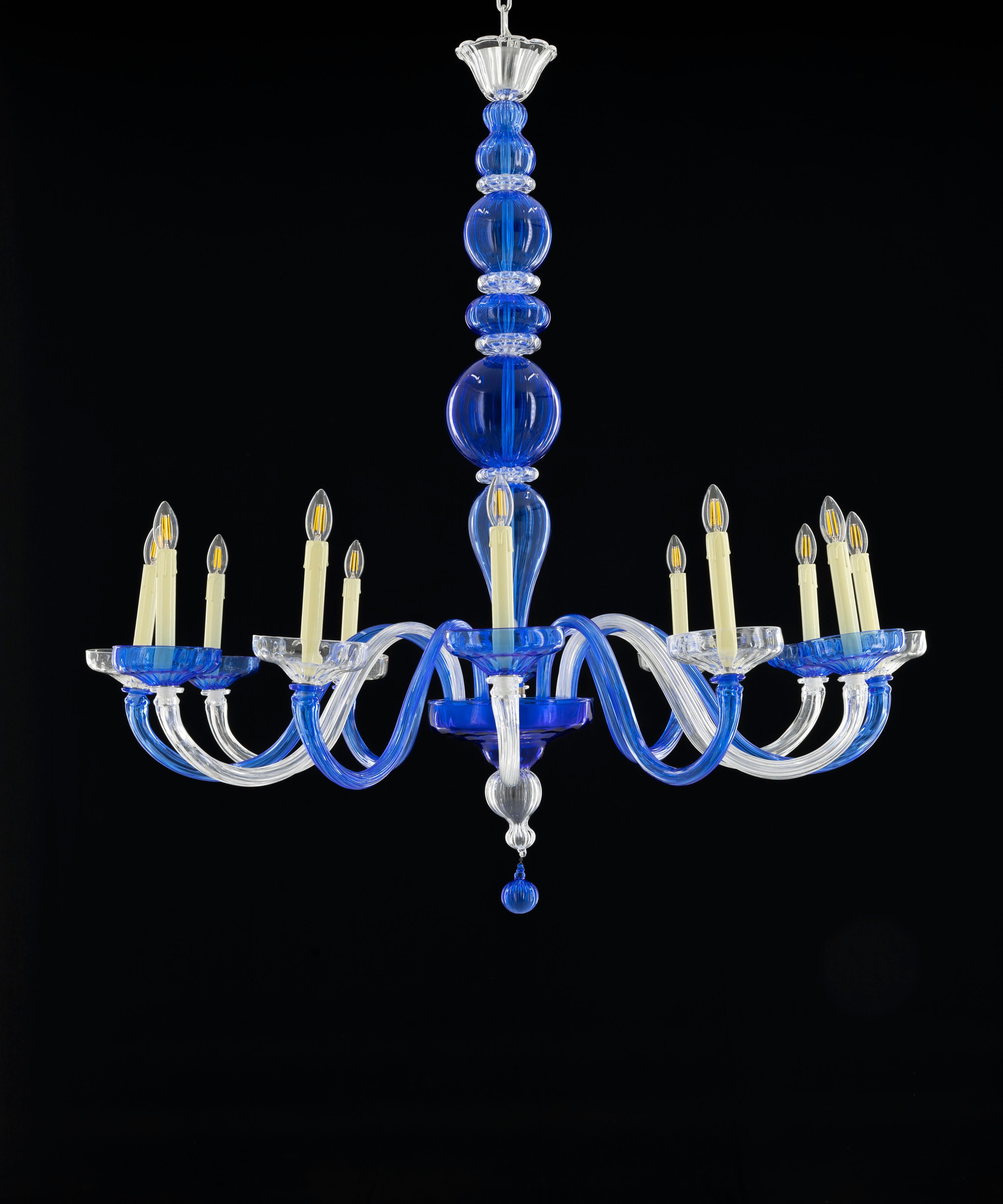 Mid-Century Modern Pair of Murano Glass Chandelier Cobalt & Crystal, Hand-Formed Candlestick Design For Sale