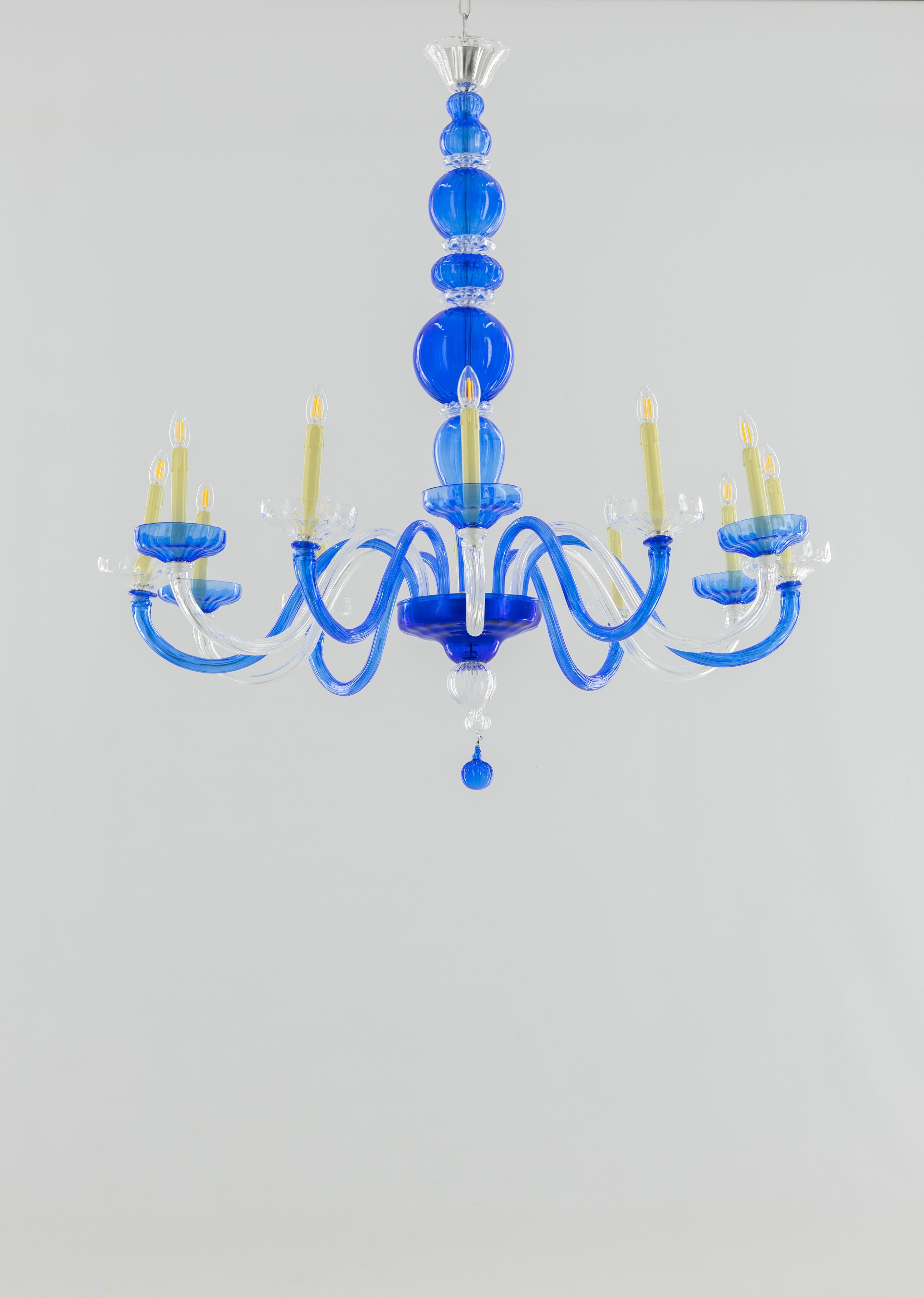 Italian Pair of Murano Glass Chandelier Cobalt & Crystal, Hand-Formed Candlestick Design For Sale