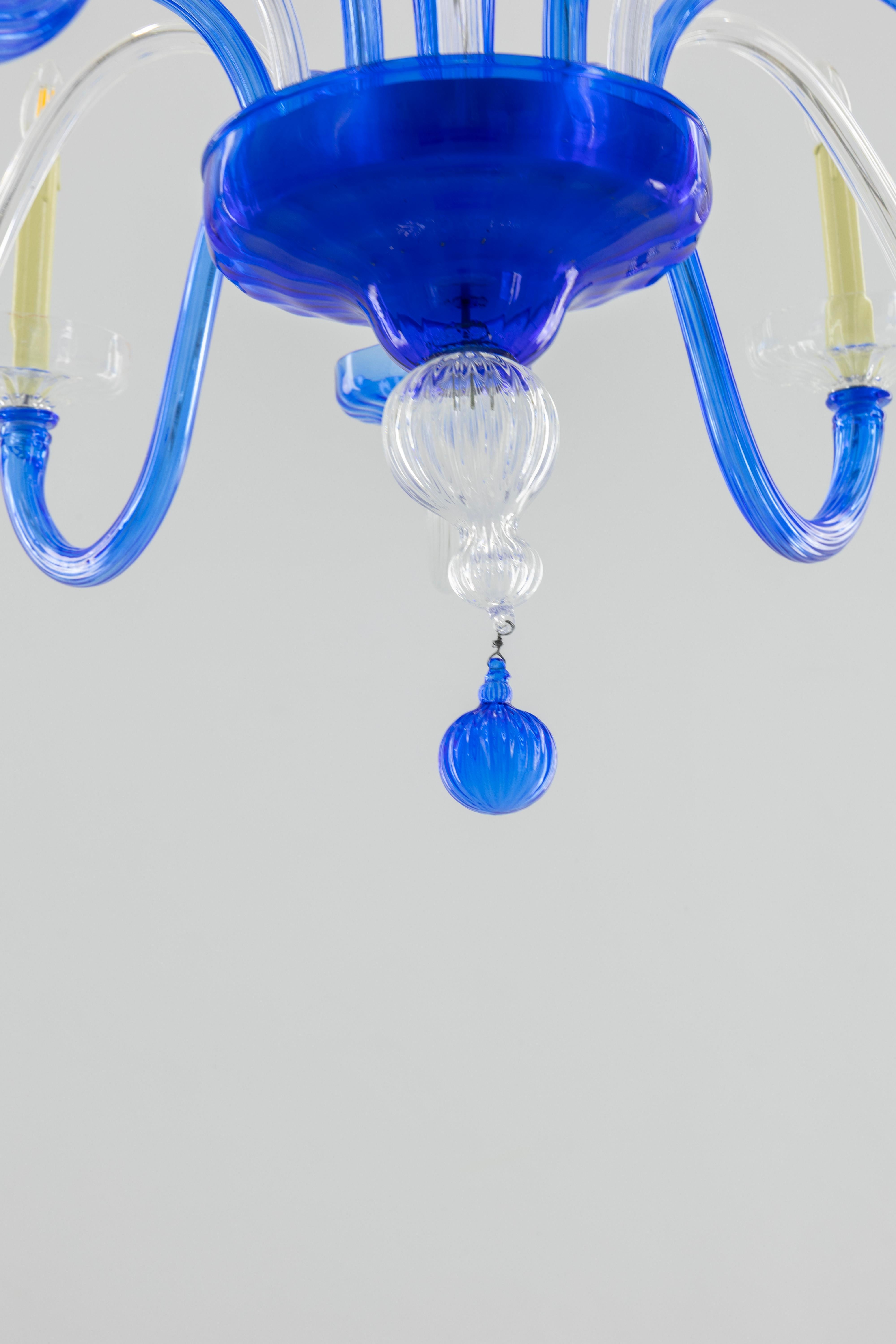 Hand-Crafted Pair of Murano Glass Chandelier Cobalt & Crystal, Hand-Formed Candlestick Design For Sale