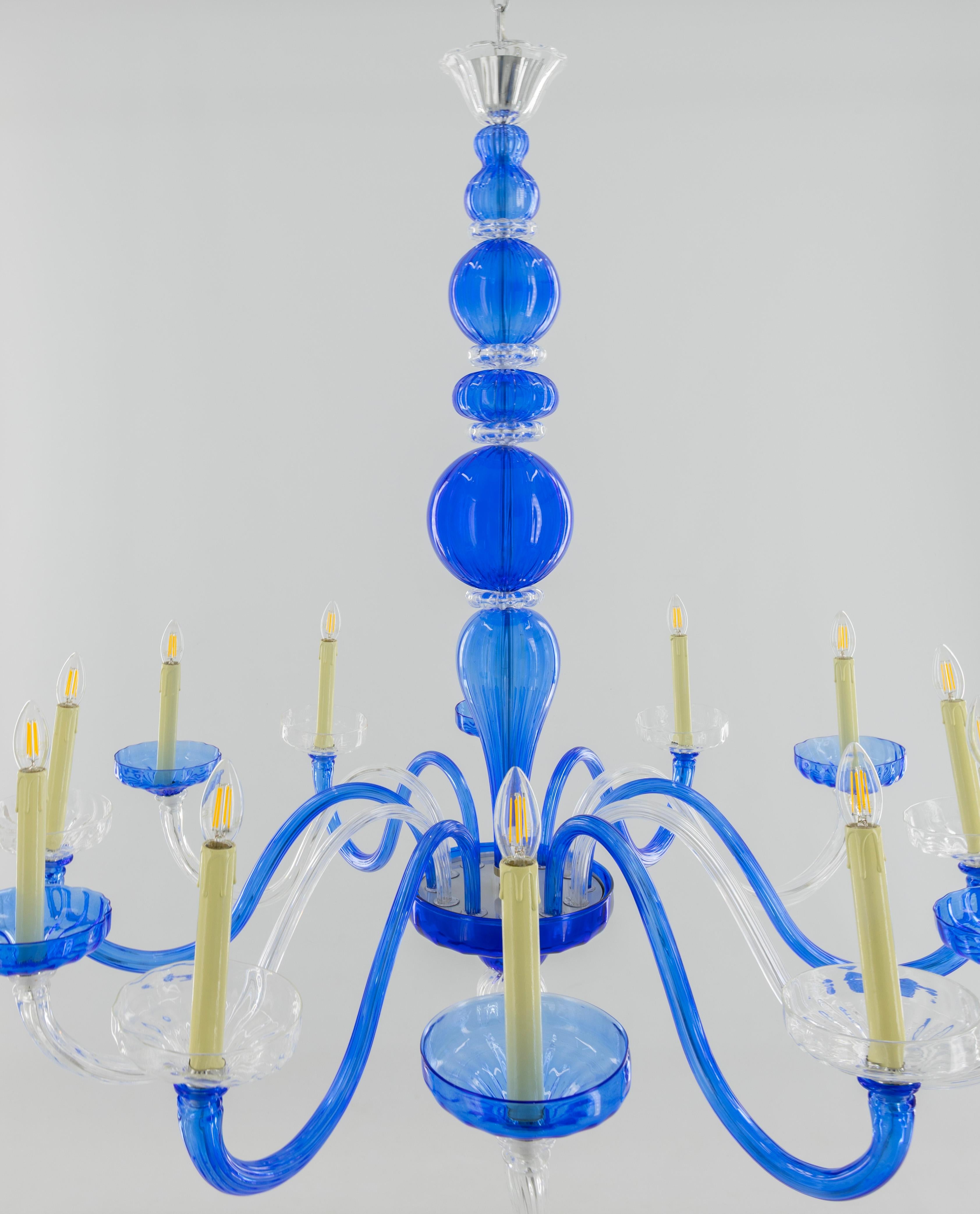 Pair of Murano Glass Chandelier Cobalt & Crystal, Hand-Formed Candlestick Design In Excellent Condition For Sale In Villaverla, IT