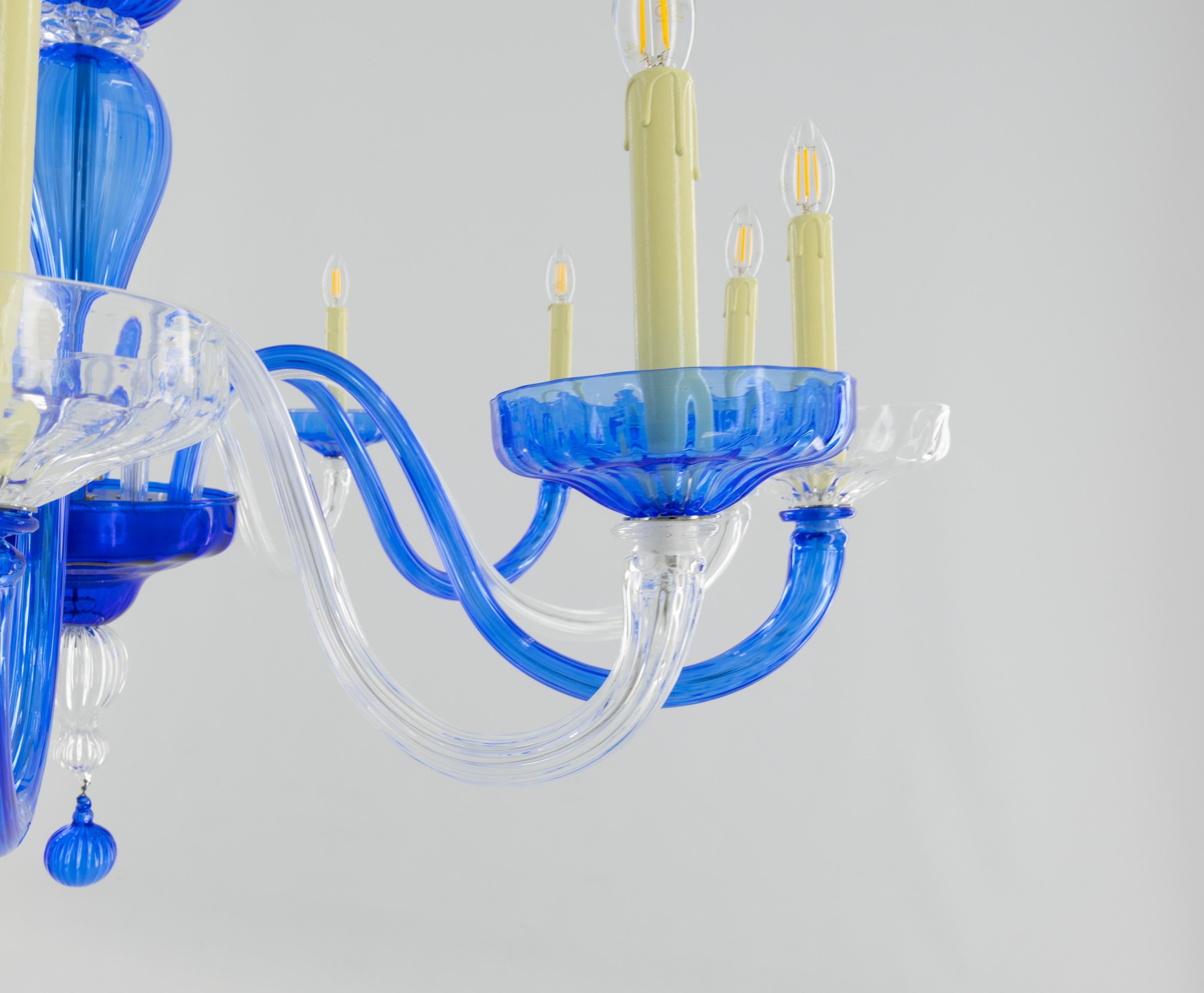 Contemporary Pair of Murano Glass Chandelier Cobalt & Crystal, Hand-Formed Candlestick Design For Sale
